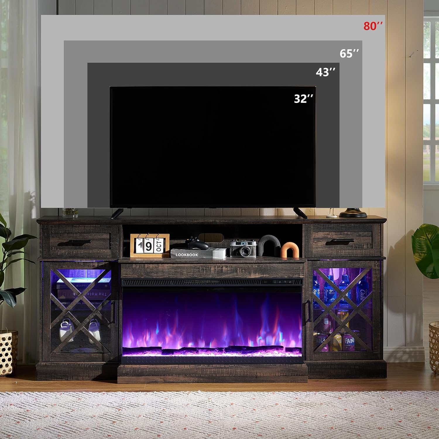 YUMPIE 3-Sided Fireplace 70 inch TV Stand for TVs up to 80'', 12 Color Entertainment Center Console Table with LED Glass Door Storage Cabinet with 36" Fireplace, Deep Brown