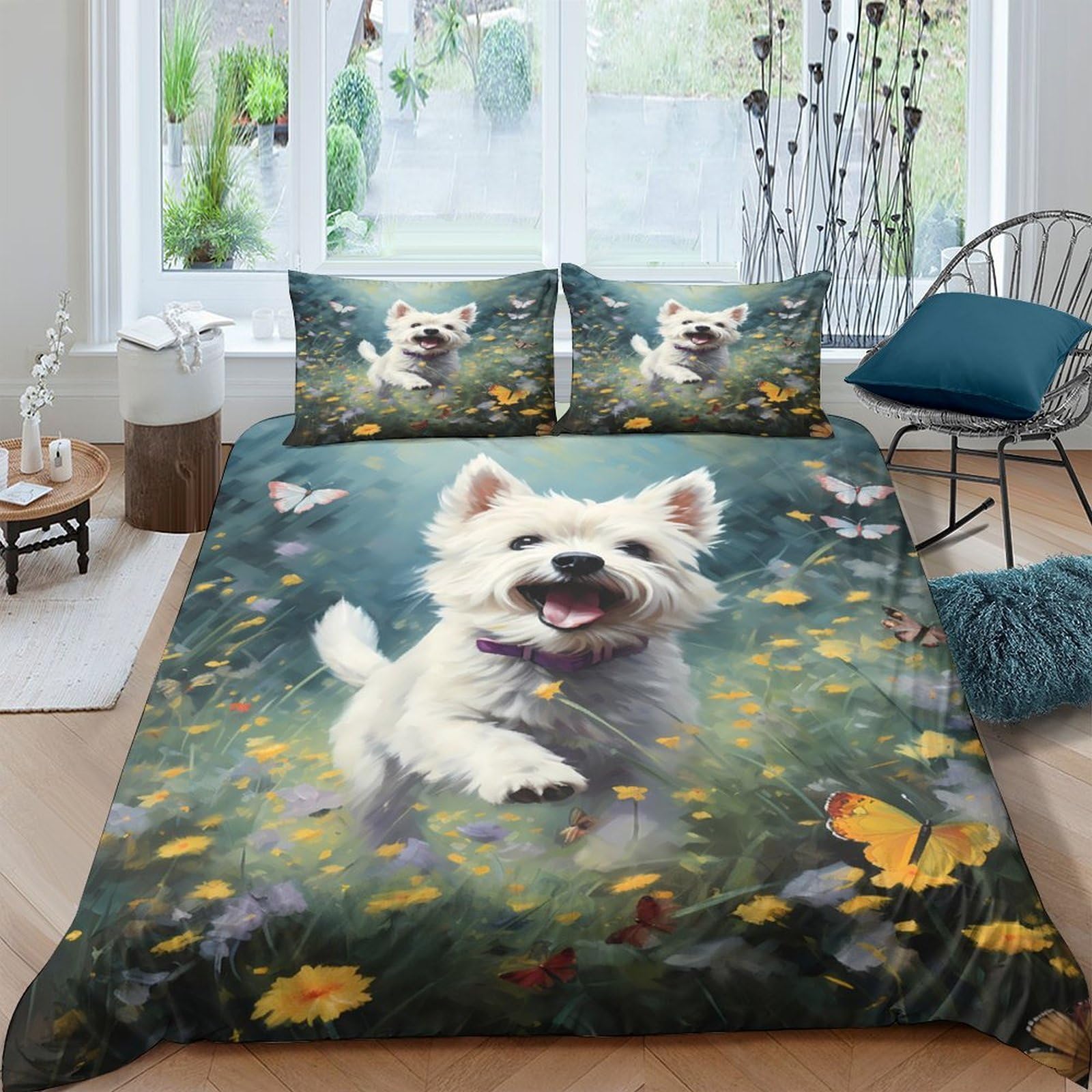 Ctjqhvkz Style-2 3D Printed White Dog Meadow Fitted Sheet Microfiber Anti-Slip Bed Cover For Bedroom Guest Room Decor Machine Washable Single（135X200cm）