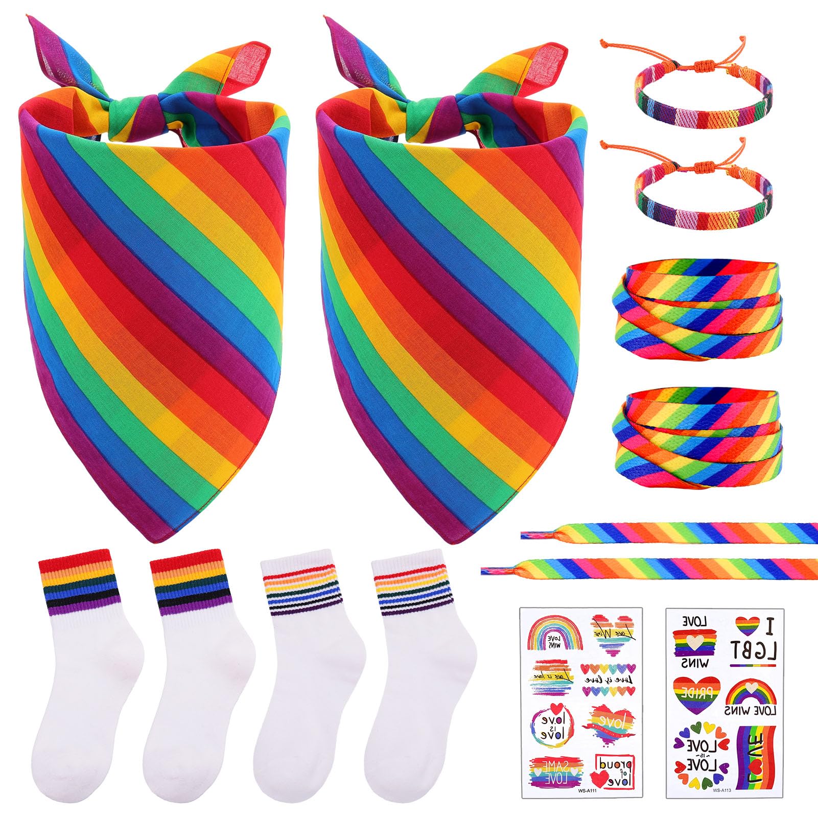 ViEinkaufen 10 Pcs Pride Accessories, Rainbow Accessories Set with Rainbow Socks UK 4-7, Bracelet, Headband, Shoelaces, Temporary Tattoos, LGBTQ Lesbian Gay Gift for Pride Month Decorations