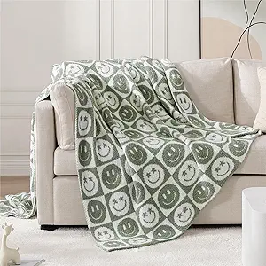 WRENSONGE Checkered Throw Blanket Seagrass Smiling Face Soft Cozy Fluffy Warm Hand Made Throw Blankets for Couch, Sofa, Chair, Bed, Camping, Picnic, Travel Lightweight Bed Blanket - 50"*60"