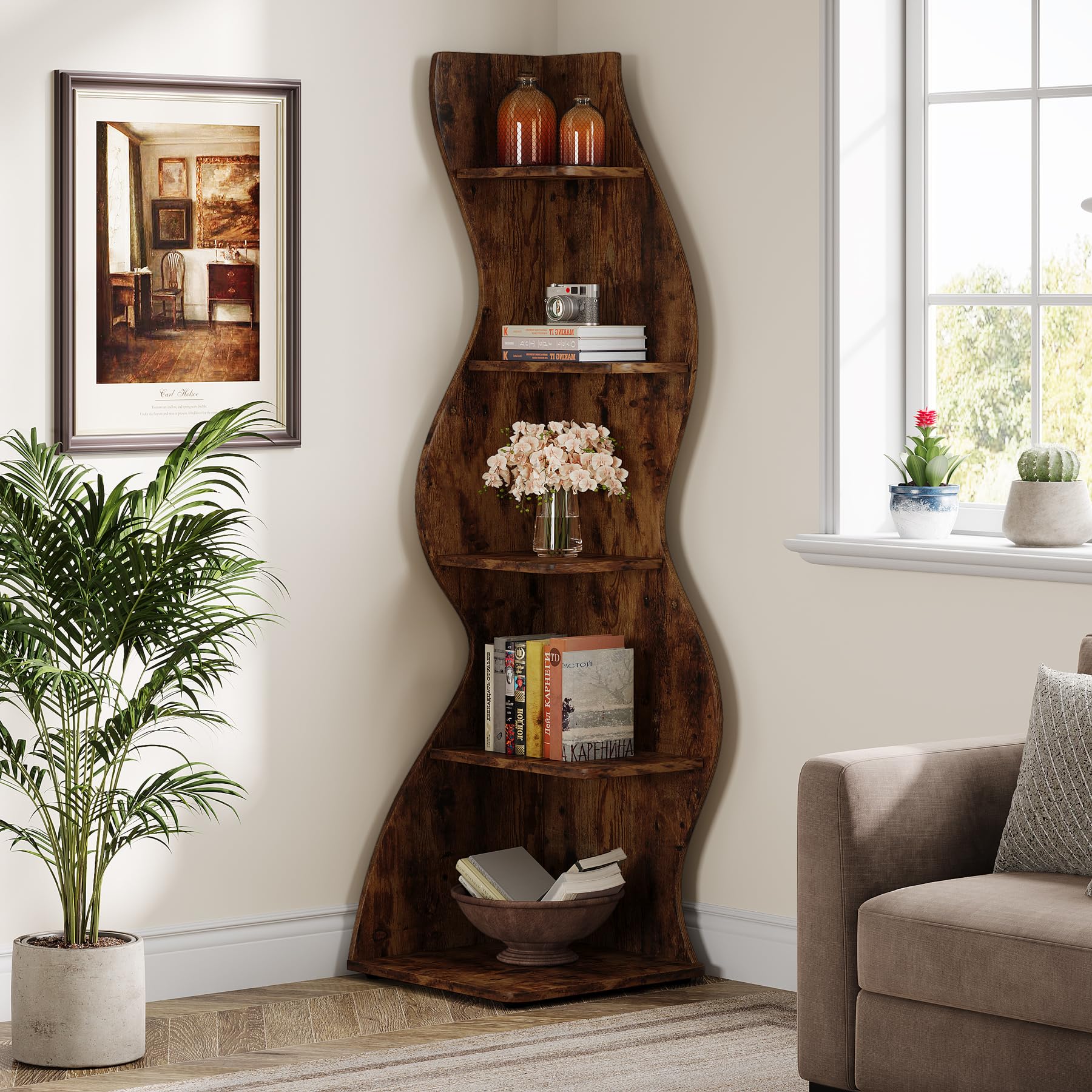 Tribesigns Wavy Corner Shelf, Modern 5-Tier Bookshelf Bookcase with Curvy Shape, Unique Plant Stand Display Rack for Living Room Small Space (Brown)