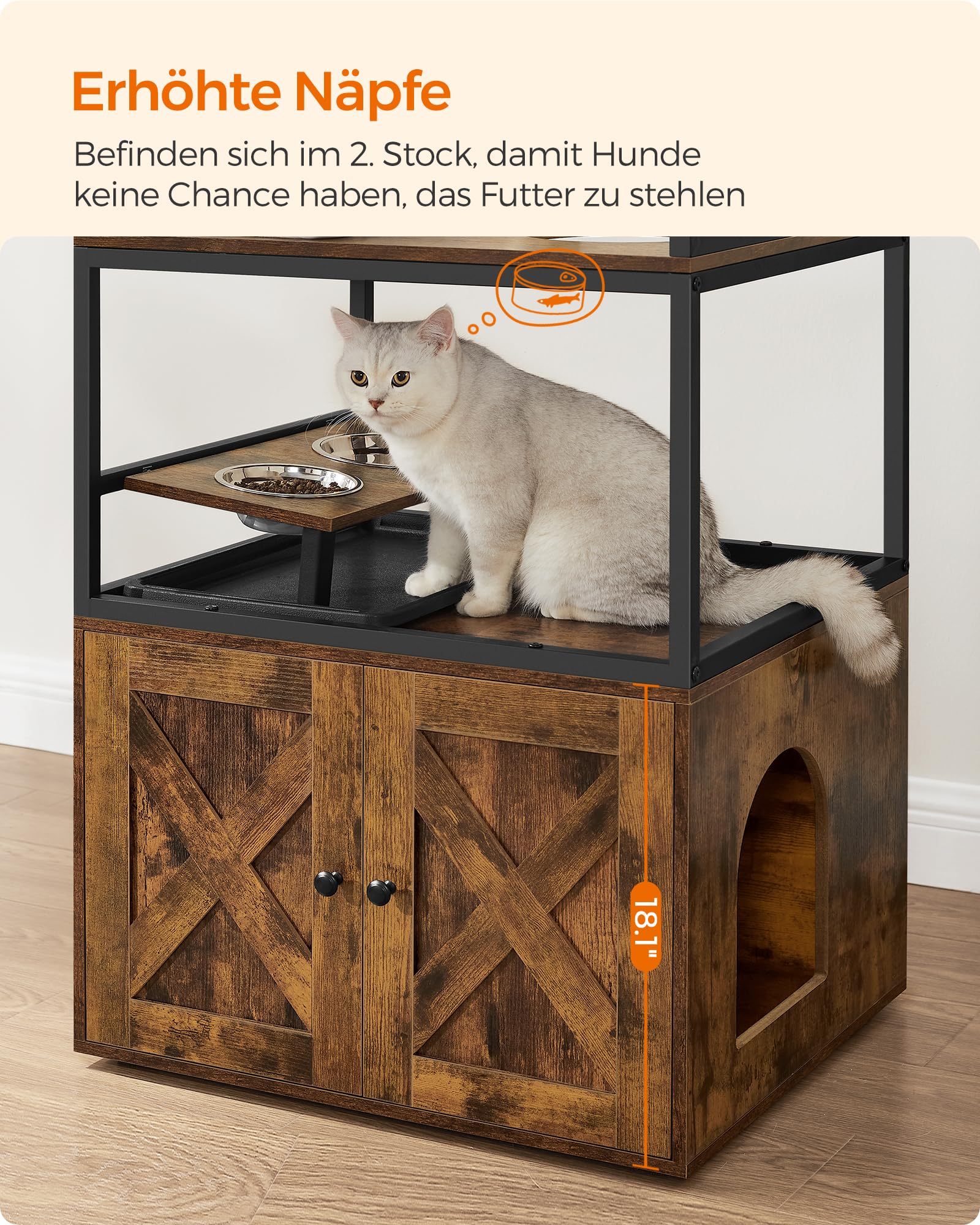 Feandrea Kratzbaum, Katzenbaum, Katzenhaus mit Katzenklo-Schrank, erhöhter Napfständer, Sisalstamm, waschbare Kissen, vintagebraun PCT312X01