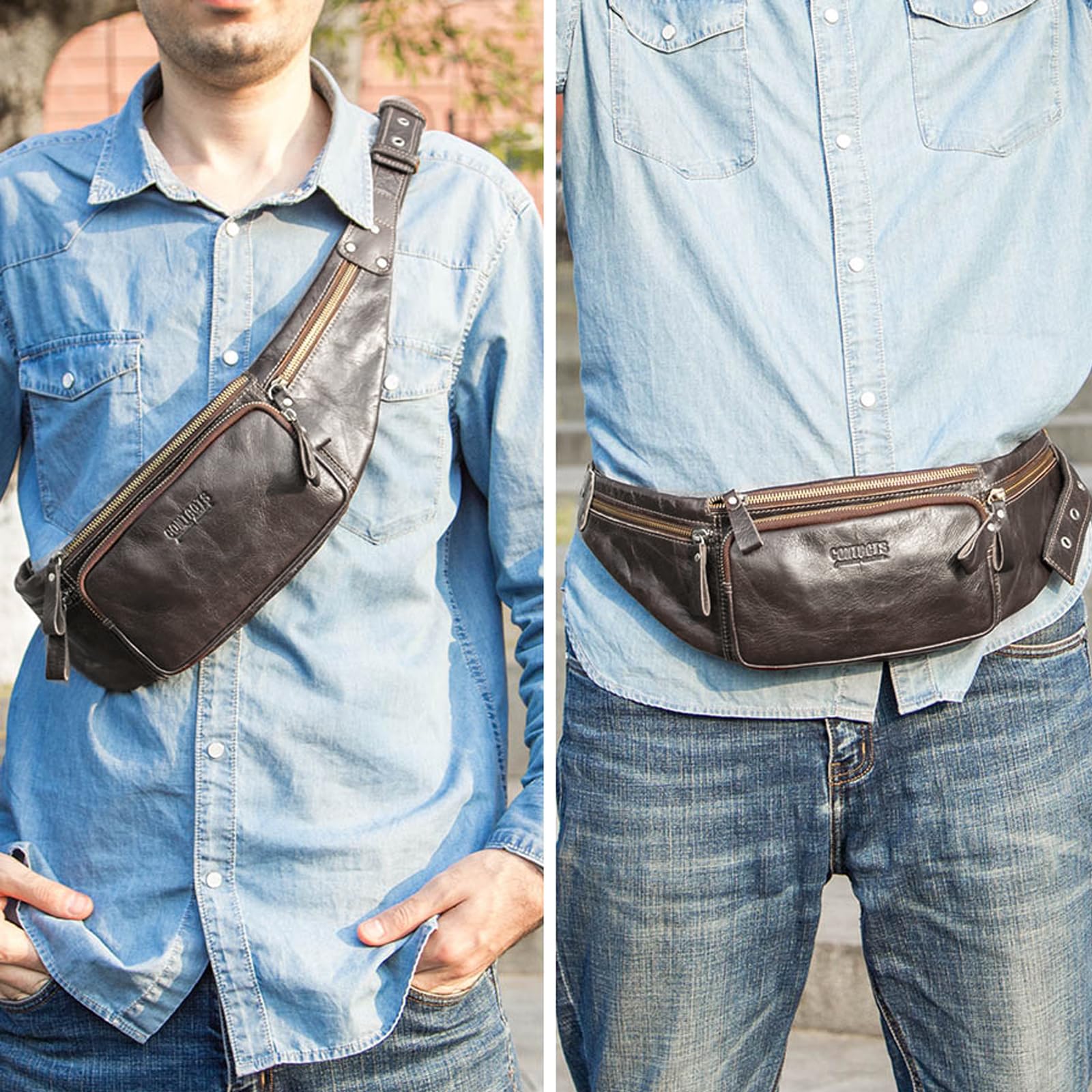 FANDARE Gürteltasche Bauchtasche Brusttasche Herren Sling Bag wasserdichte Geeignet Hüfttasche Junge Umhängetasche Leder für Joggen Wandern Radfahren Reisen