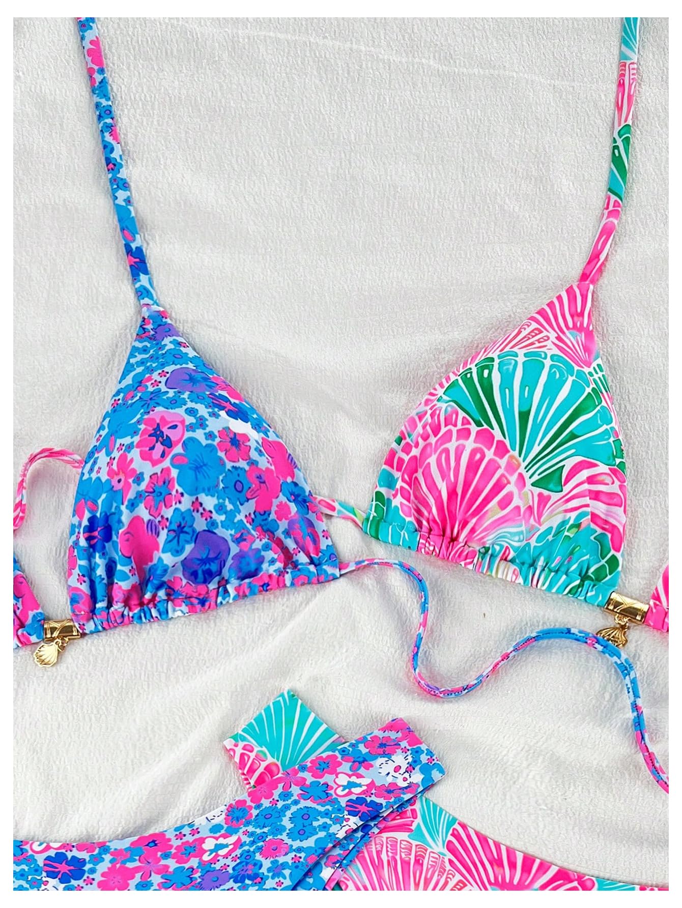 Damski 4-częściowy Zestaw Bikini Kwiatowy Strój Kąpielowy Typu Halter Trójkątny Z Wysokim Wycięciem Wielokolorowy Średni