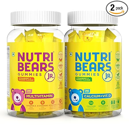 NutriBears Multivitamin and Calcium Gummies for Kids, Combo Pack (60 Gummy Bears, Strawberry, Orange & Mango Flavour) Vitamin C, D, & Zinc for Immunity, Supplement for Strong Teeth and Bones