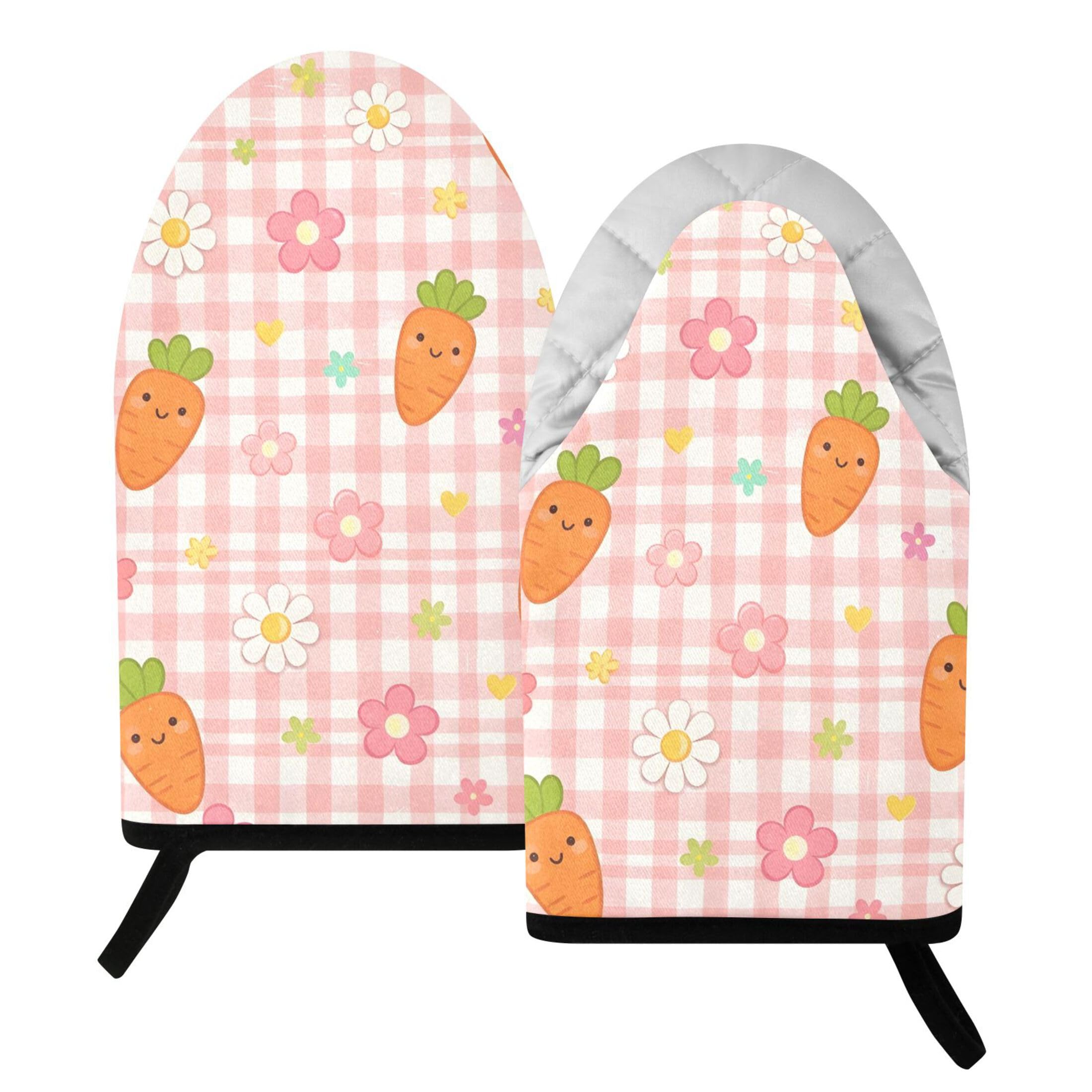 Kutsu Gingham Kawaii Carrots Oven Mitts for Kitchen, Heat Resistant Cotton Oven Gloves for BBQ Baking Cooking, Breathable Kitchen Essentials, 2 pcs