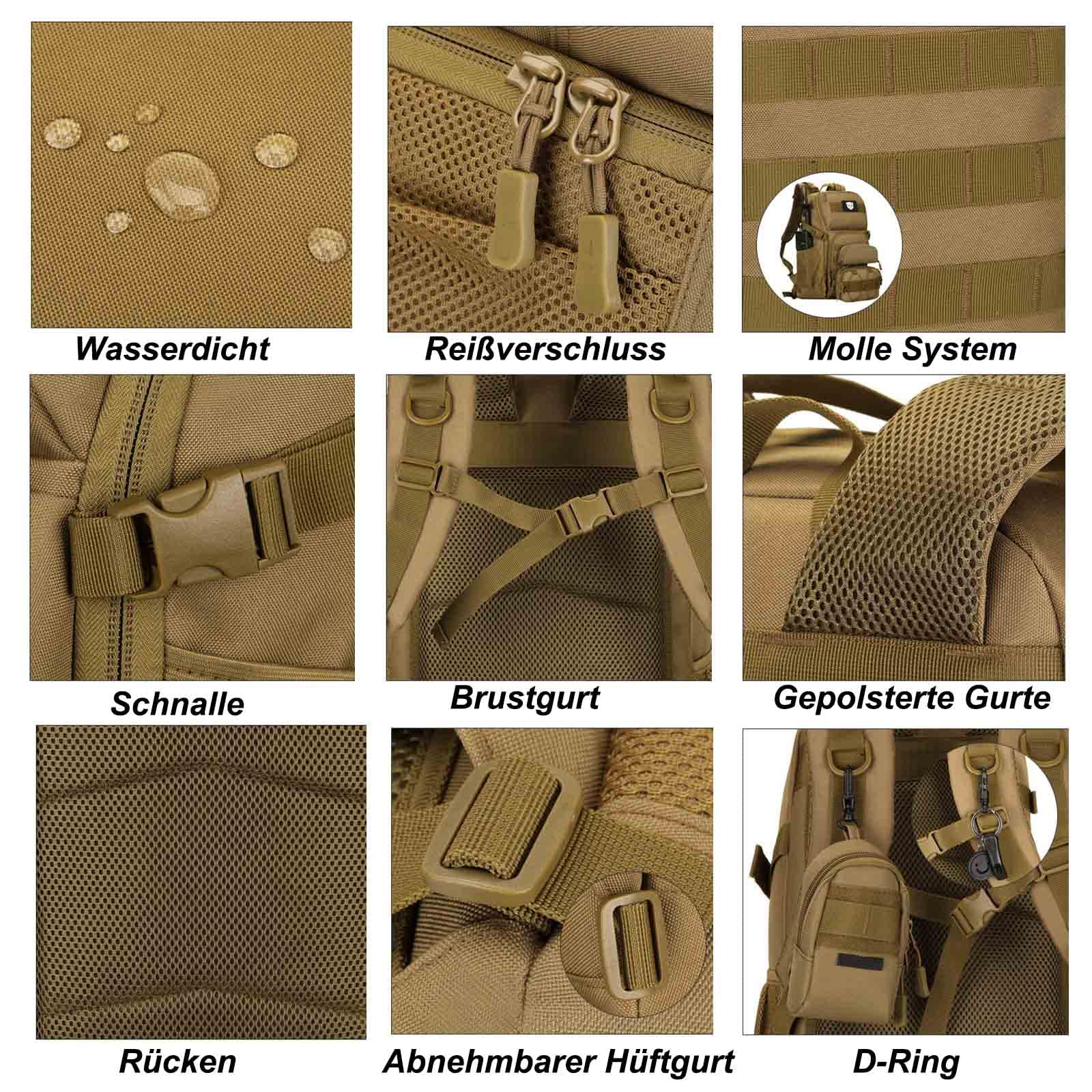 Plecak taktyczny, wojskowy Molle plecak na wędrówki, trekking, outdoor, podróż, wodoodporny, 30 l, zielony, XL