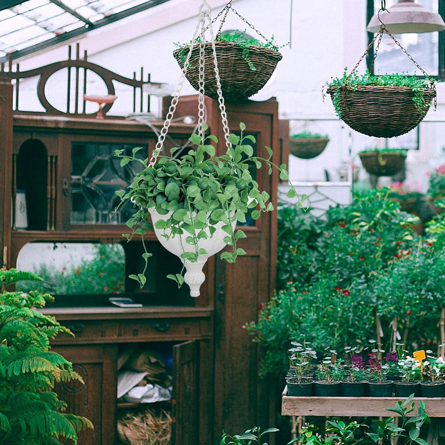 NUOBESTY Rustic White Metal Hanging Planter Pot with Hook and Chain for Indoor Wall Mount, Vintage Farmhouse Style Wall Flowerpot Suitable for Balcony and Home Garden Decor