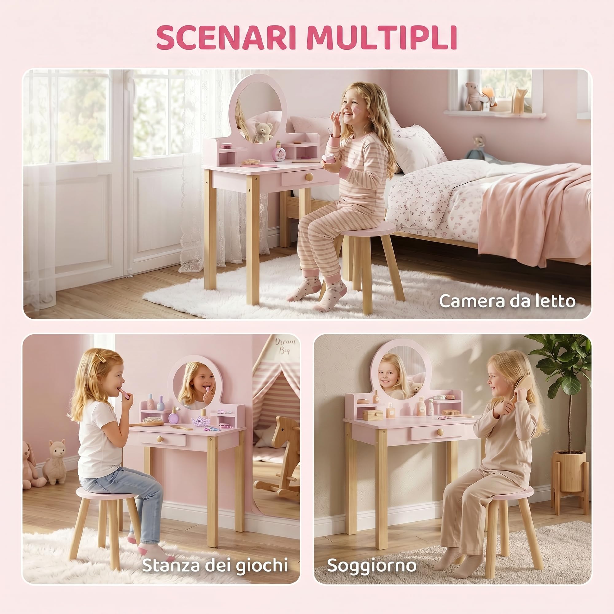 AIYAPLAY Set Toeletta Trucco Bambina 2 in 1 con Sgabello 3-6 Anni Rosa | Postazione Tavolo Trucco in Legno, Specchio in Acrilico, Cassetto, 2 Ripiani, Bordi Arrotondati