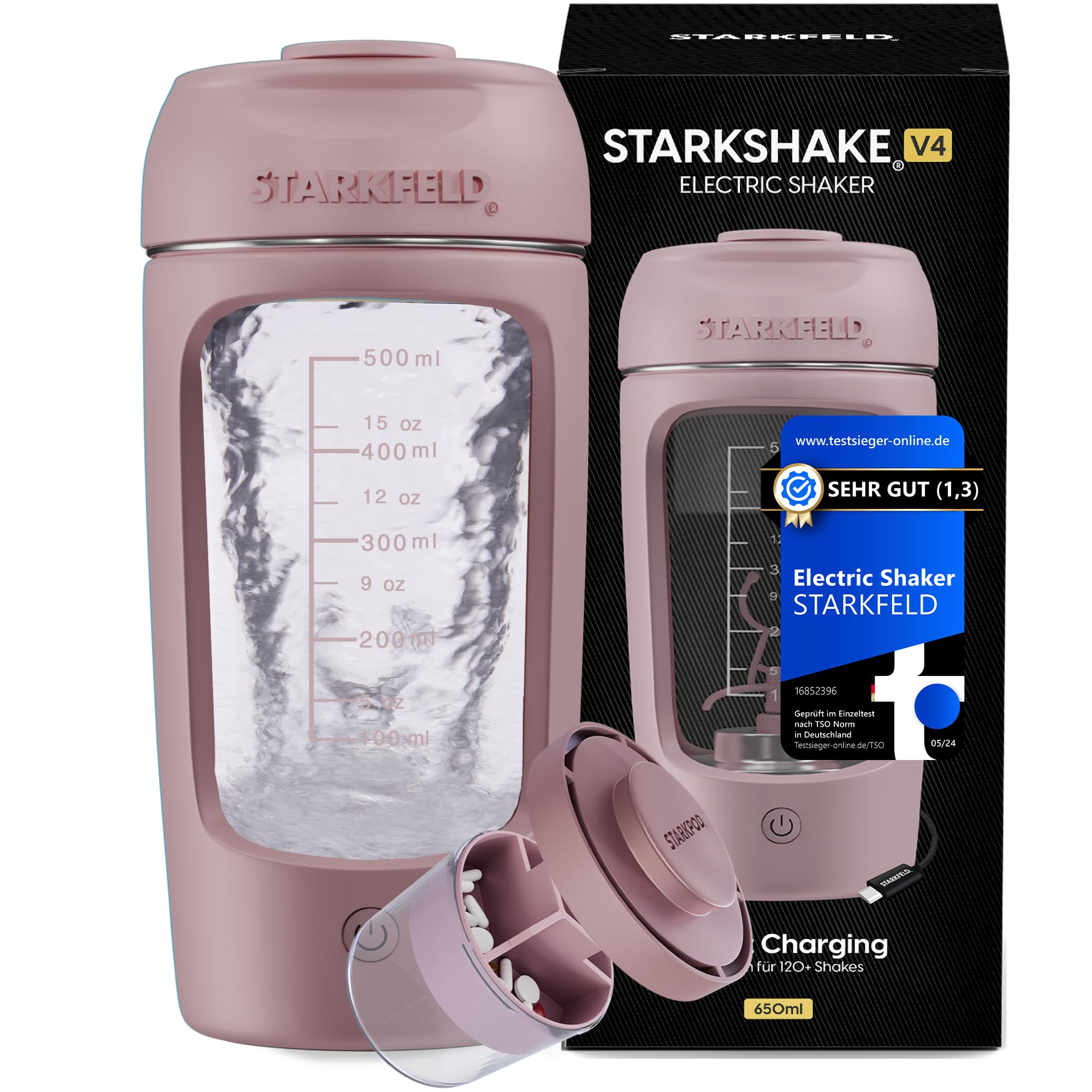 STARKSHAKE® V4 – premiato come il miglior shaker elettrico dal F.A.Z.-Verlag (2025) | Shaker elettrico per proteine per frullati proteici cremosi | 8000 UPM | USB-C | 120+ frullati | incluso STARKPOD