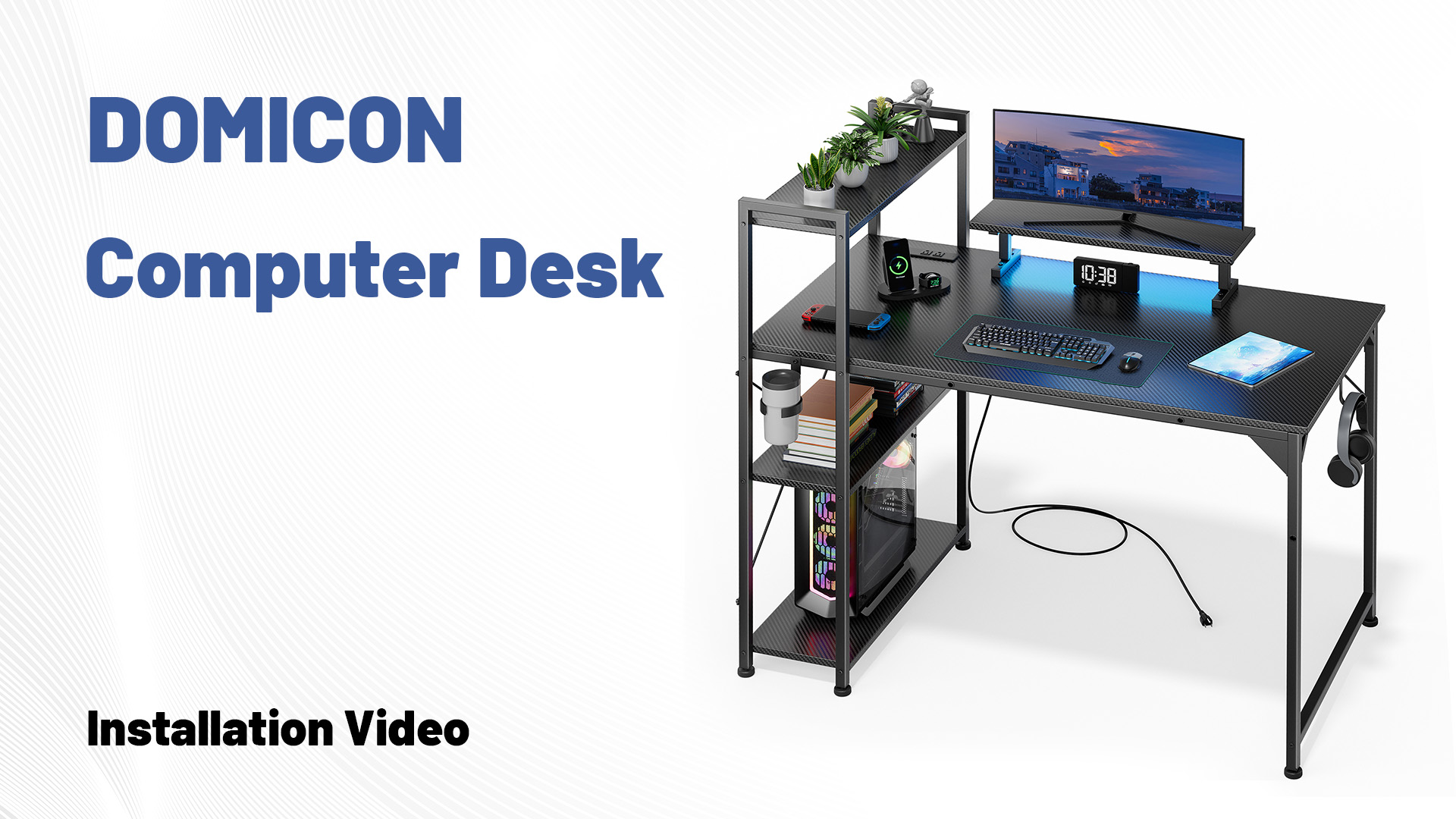 Amazon | DOMICON ゲーミングデスク コンセント付き 幅107CM 棚