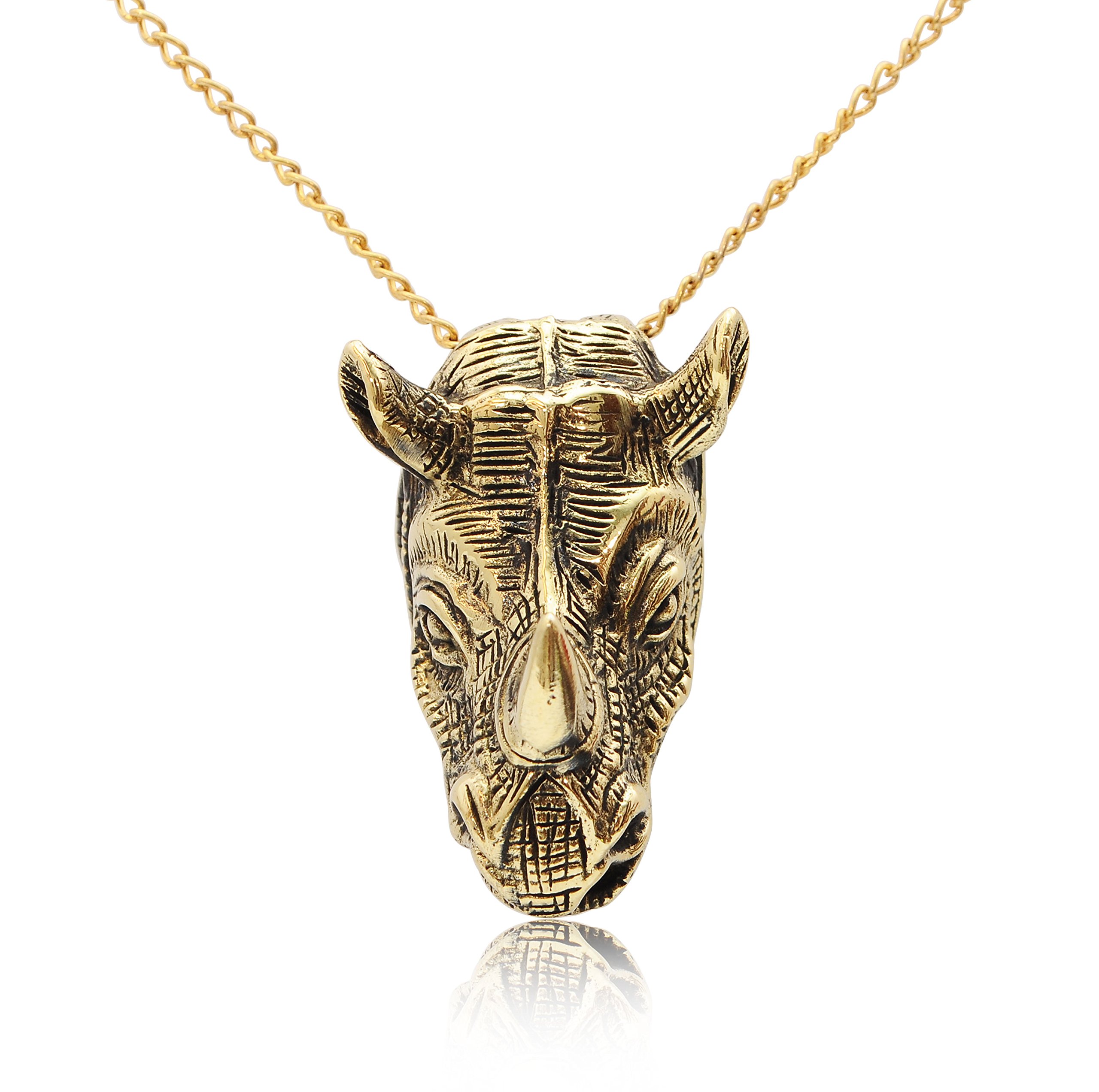 Rhino Head Rhinoceros Wildlife Gold Brass Necklace Pendant Jewelry