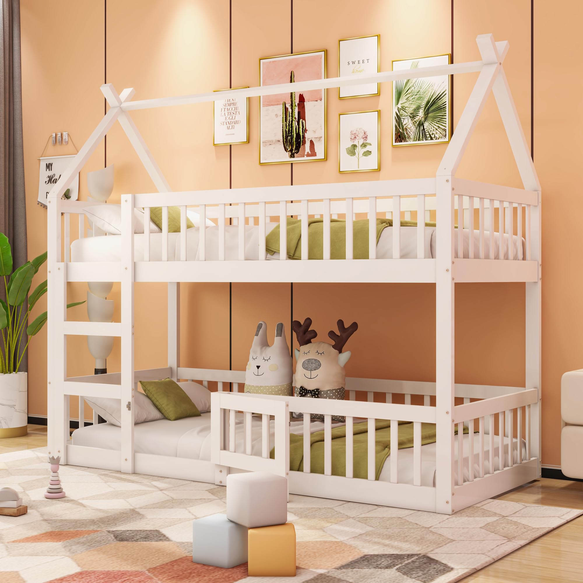 Etagenbett für 2 Kinder, 90x200 cm Kinderbett Bodenbett Hausbett mit Rausfallschutz und Lattenrost,Vollschutzgitter und Türen, Massivholz Doppelbett Stockbett Gitterbett Jugendbett,Ohne Matratze,Weiß