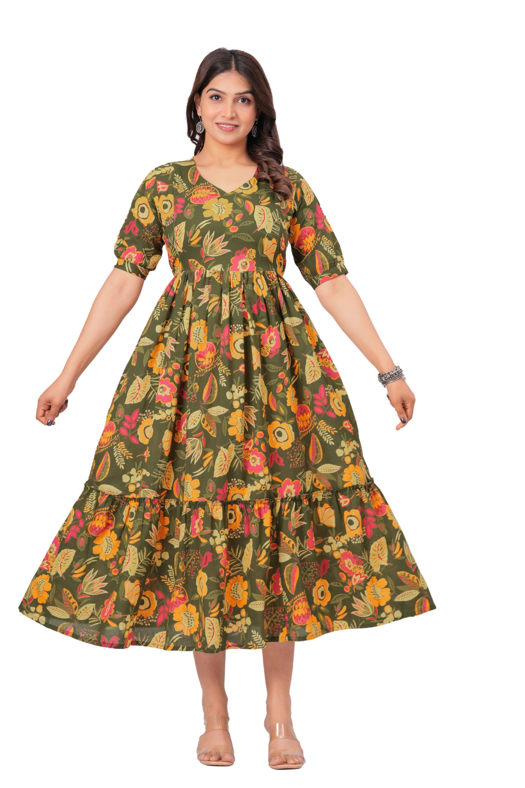 Women Cotton Anarkali Floral Printed Maternity Kurta Feeding Comfortable Kurta Zipper & Dress for Pregnant Women's Printed Feeding Dress for Women's. Green-image-5