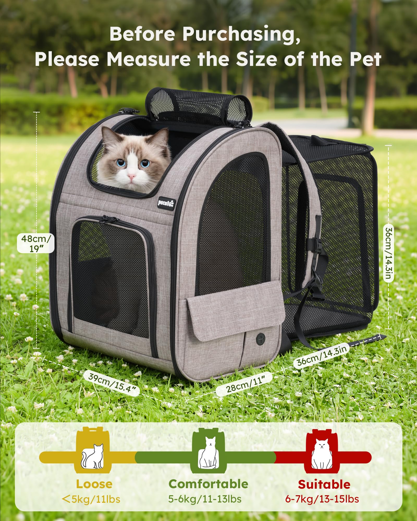Pecute Cat Backpack Carrier XL, ExpandablePet Backpack for Cats & Small Dogs Up to 15lbs, with 4-Side Breathable Mesh, Multi-Entry & Lockable Zippers for Travel, Hiking, Camping - Hands Free, Khaki - image 2
