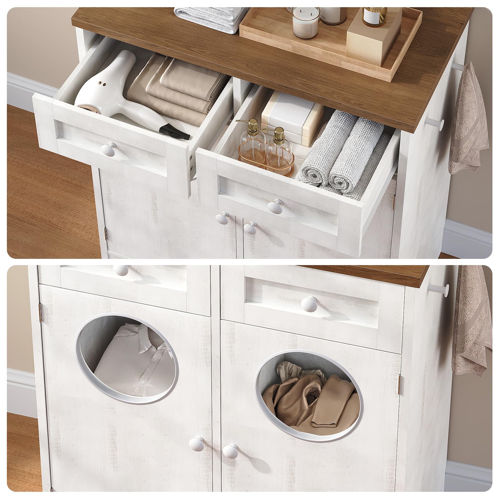 HOOBRO Mobile Portabiancheria per Bagno con Doppio Cesto Portabiancheria Inclinabile, Mobiletto Bagno con 2 Cassetto, 2 Sportelli, per Bagno, Lavanderia, Bianco e Noce EWHZ36XY01