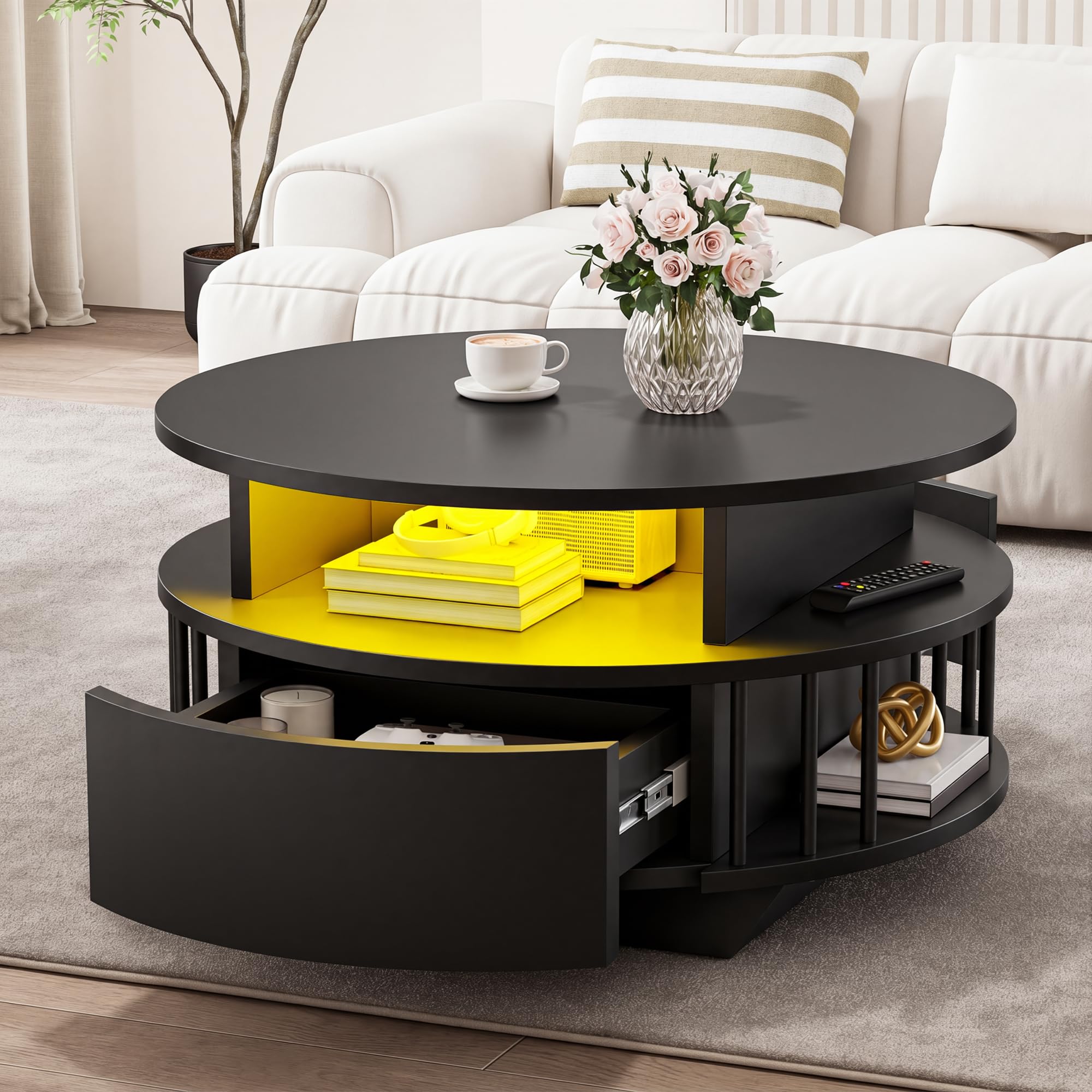 YITAHOME Mesa de Centro Redonda Moderna con LED, 70 cm, Espacio de Almacenamiento de 2 Niveles y 2 Cajones, Diseño Estriado, Estantes, Mesa de Acento para Sala de Estar, Negro