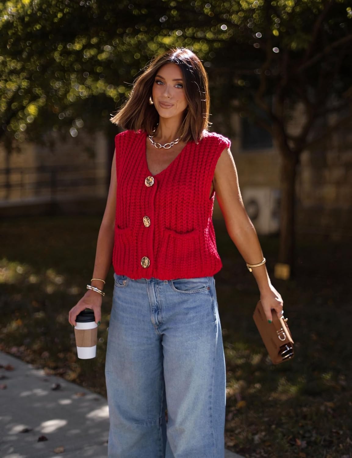 Women's Sleeveless Chunky Knit Top Casual Cropped Button Down Sweater Vest Open Front Cardigan with Pockets - Image 2