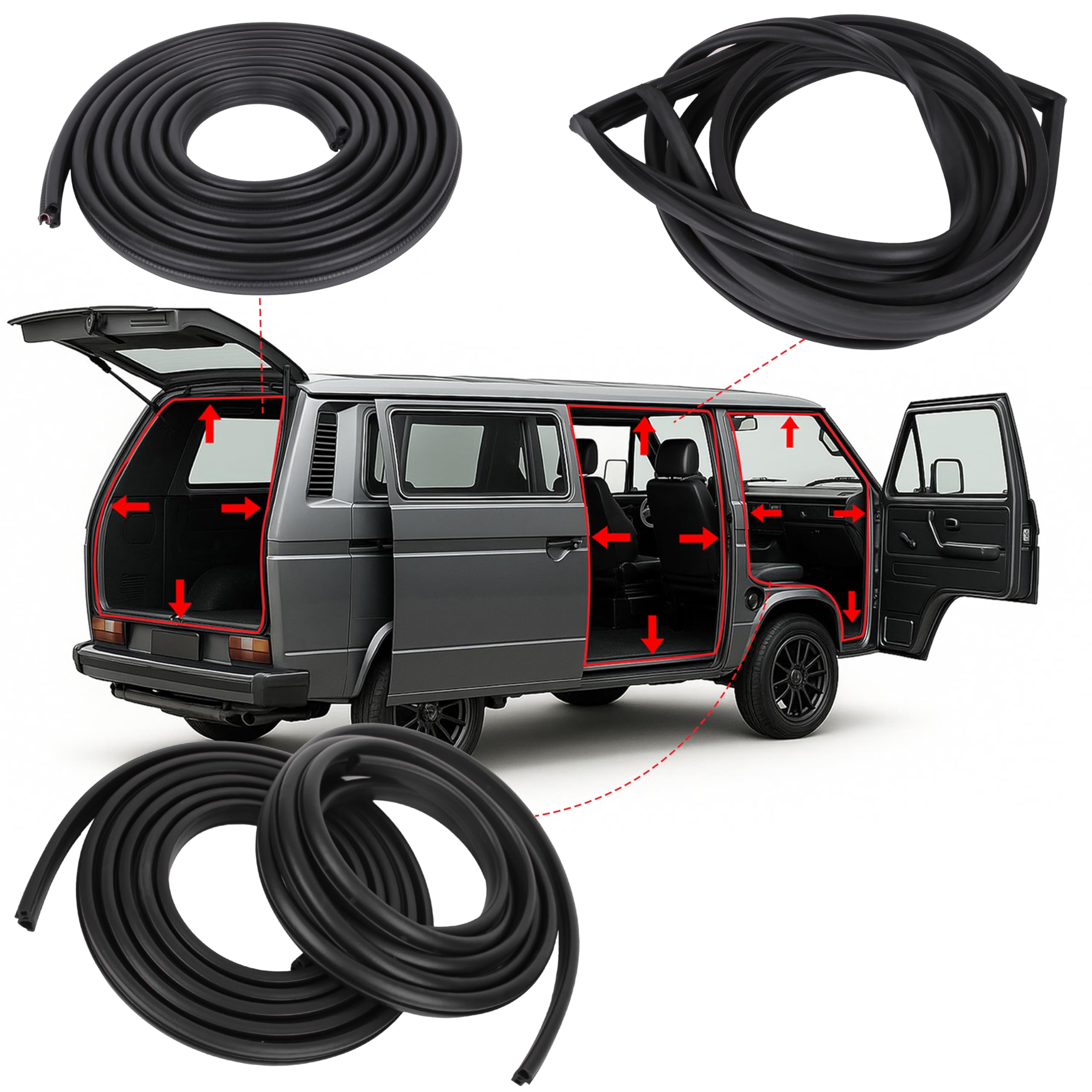 INLY 4-częściowy zestaw uszczelek do drzwi + uszczelka klapy bagażnika + uszczelka do drzwi przesuwnych, gumowa uszczelka kompatybilna z Transporter T3 251837911B 251837911 251837912 251837912B
