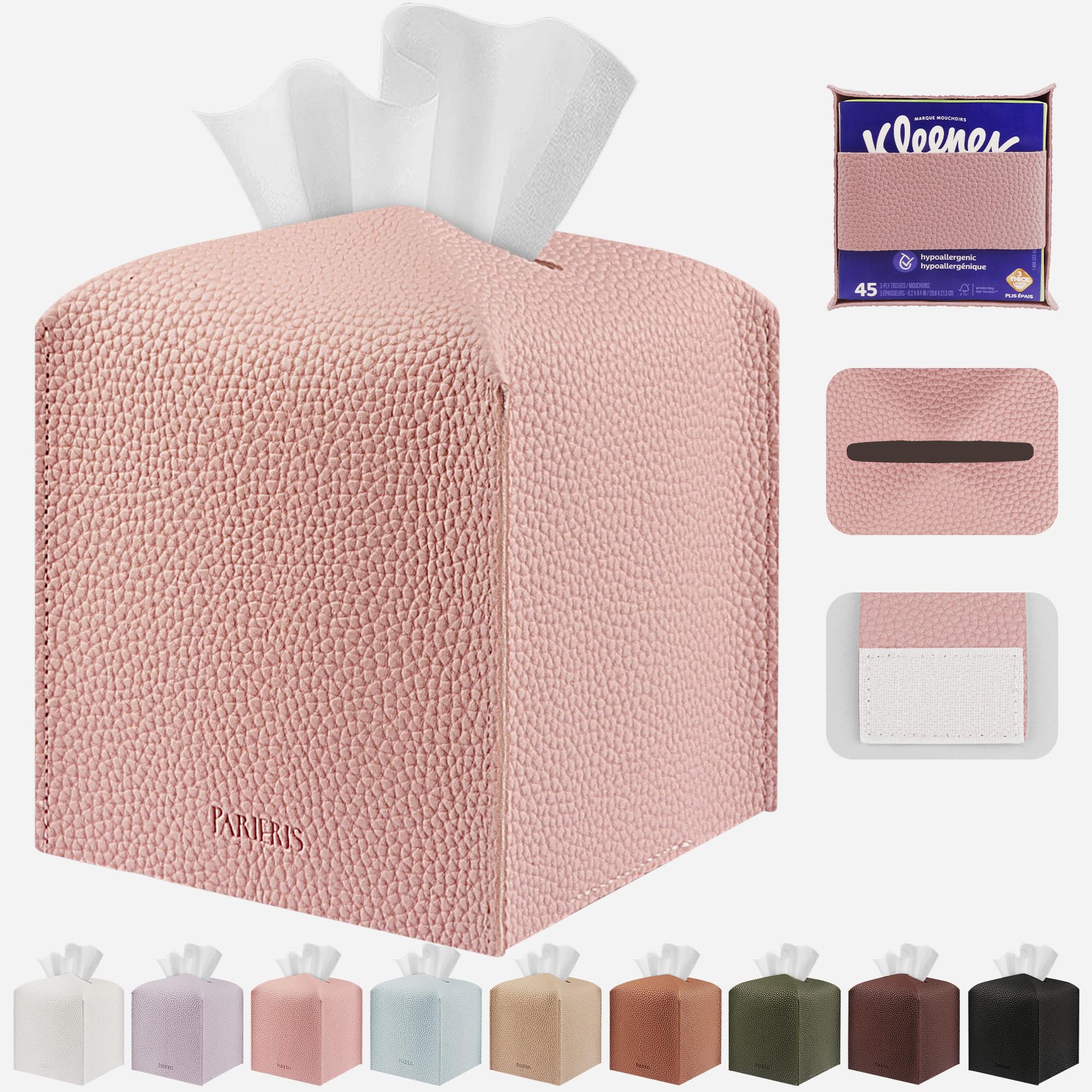 PARIERIS Tissue Box Cover Holder Square Tissue Cube Cover PU Leather Tissue Organizer with Bottom Belt for Bathroom, Tabletop, Car, Night Stands, Office, Home, Kitchen (1, PrettyPink)
