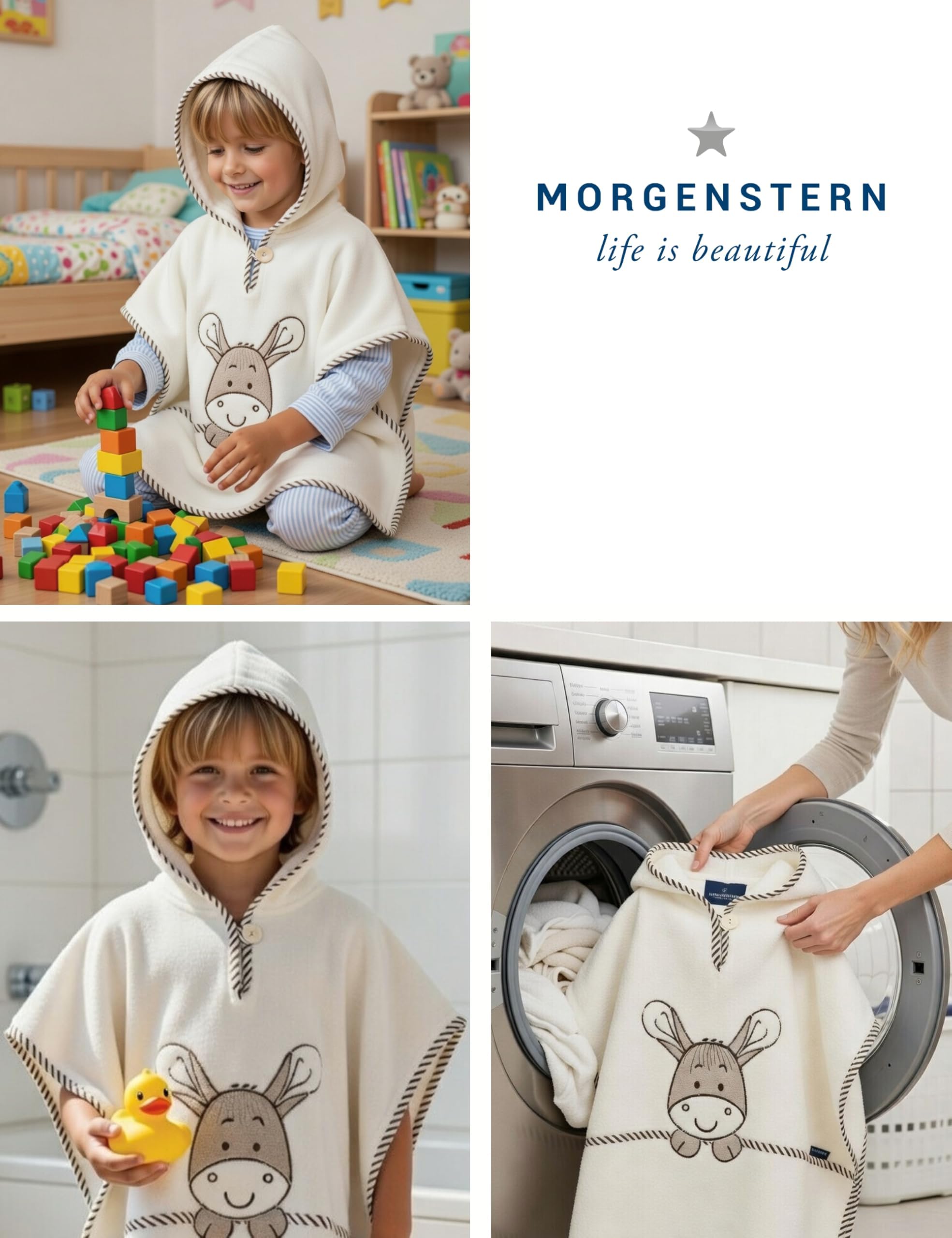 Morgenstern Badeponcho Kinder 1–3 Jahre mit Kapuze – 100% Baumwolle OEKO TEX® Handtuchponcho Kleinkind – Weicher Strandponcho mit Motiv, Farbe: beige