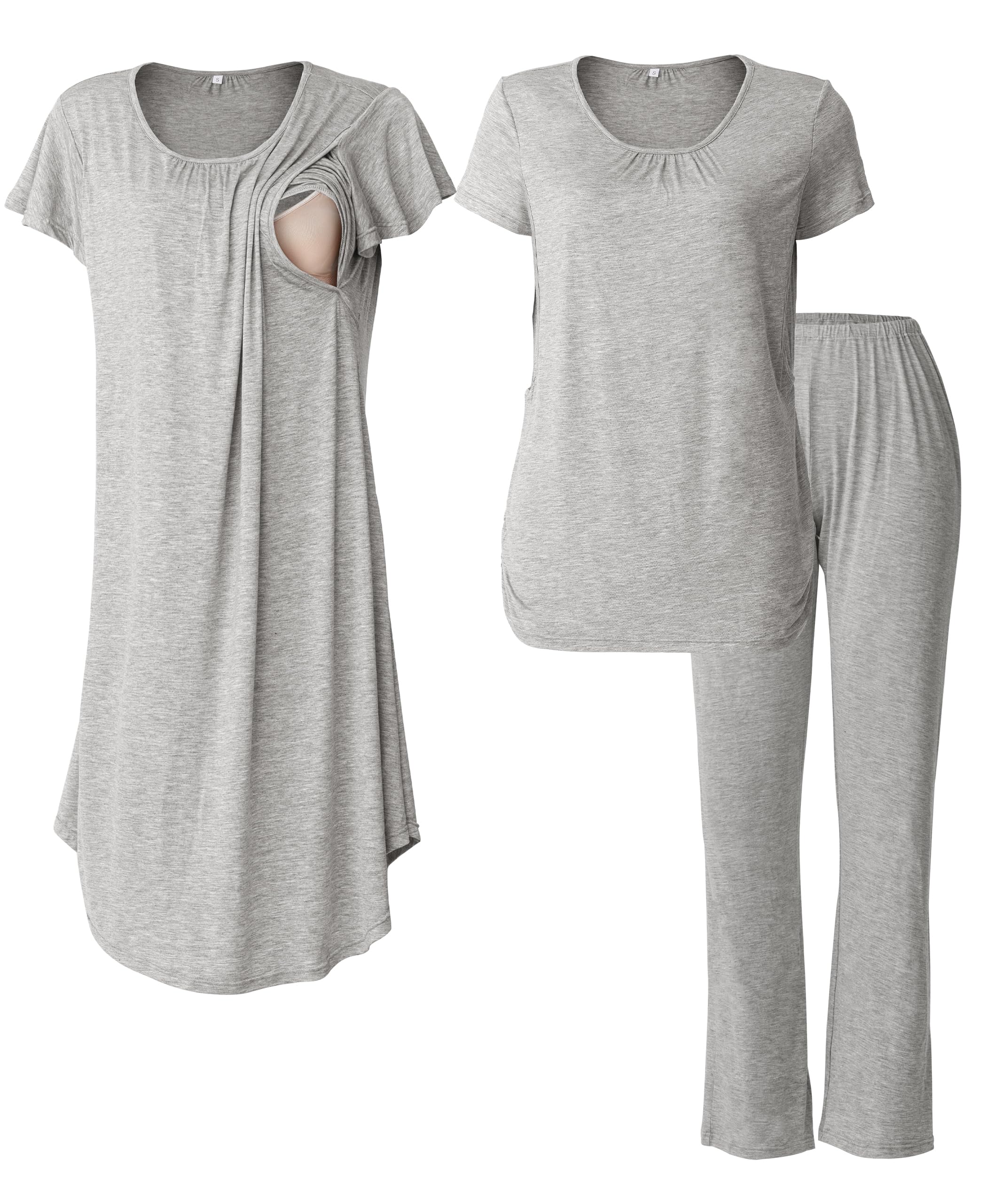 SUNNYBUYWomen 3 PCS Maternity Nursing Nightgown Dress & Short Sleeve Breastfeeding Top & Pregnancy Pants Sleepwear Set