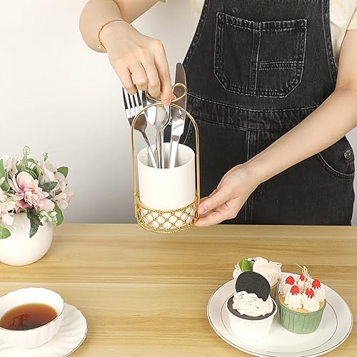 Miniatura 4 de JUXYES Soporte de cubiertos de cerámica para mesa, soporte de cubiertos blanco con soporte de metal dorado, soporte decorativo para cubiertos de