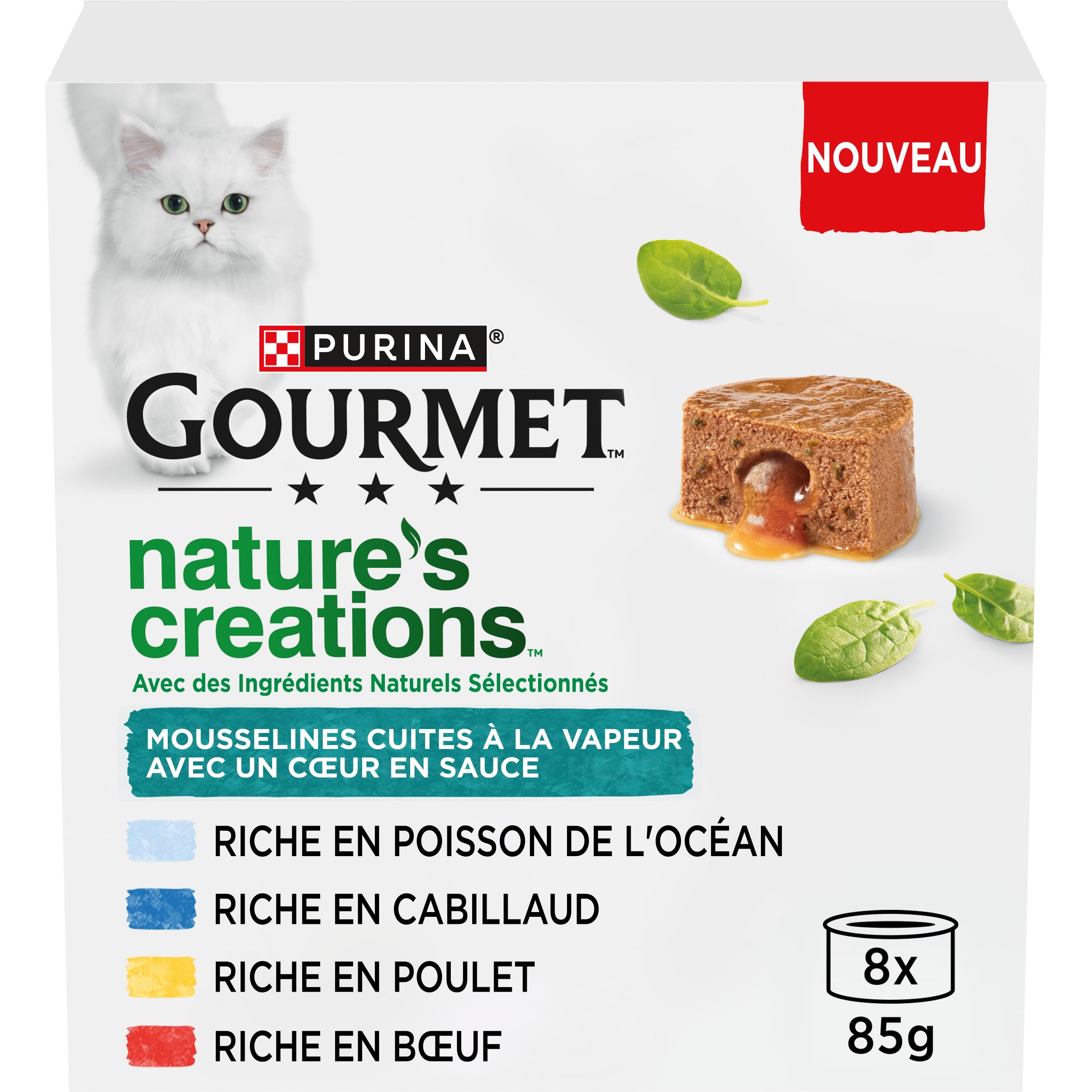 Gourmet Nature's Creations, Gato, Muselinas Corazón en Salsa, Pollo-Zanahorias, Terneras Tomates, Pescado del OcéanoEspinacas, Cabillaud-Chirivía, 8x85g