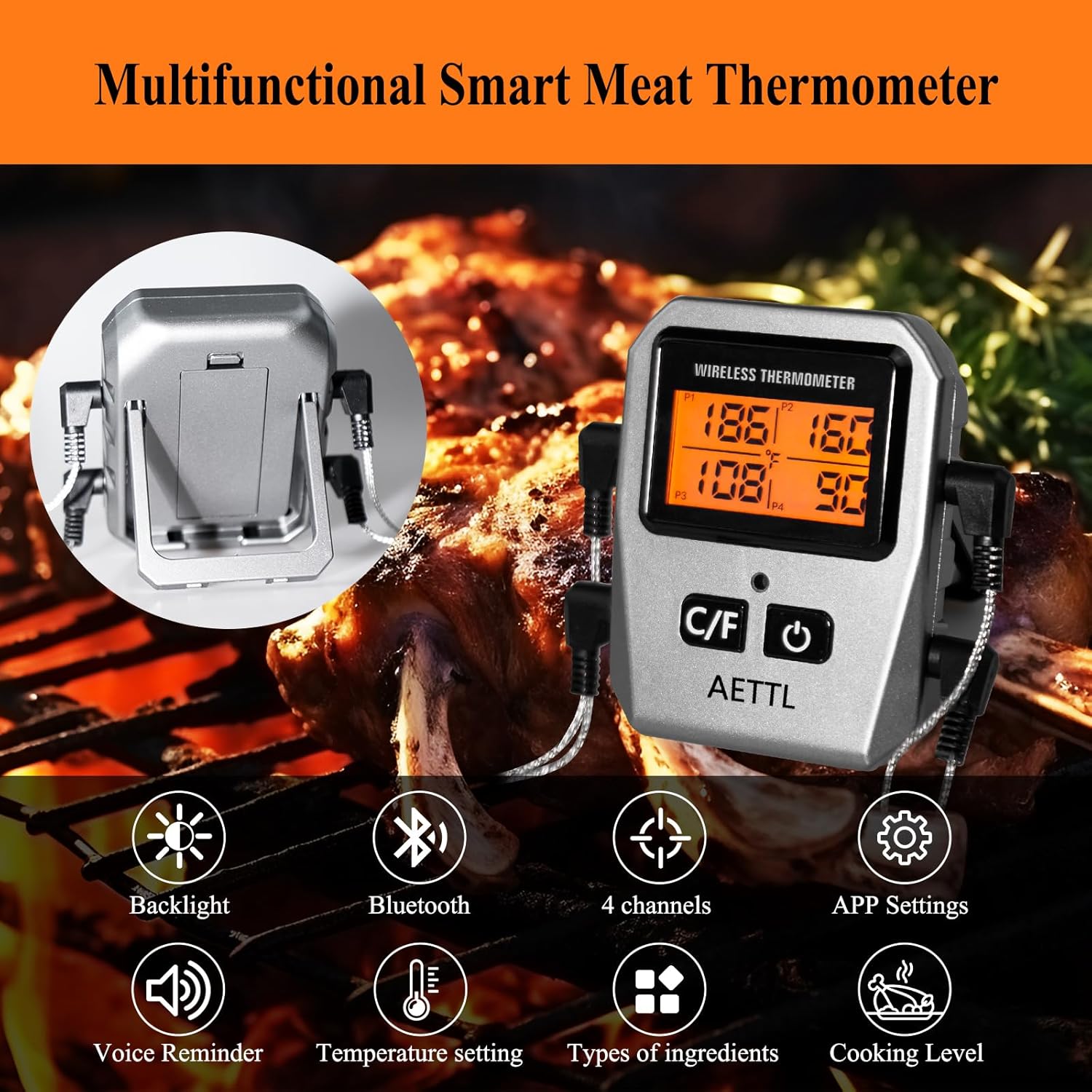 Wireless Digital Meat Thermometer,Instant Read Food Thermometer with LCD Display and 4 Stainless Probes,Advanced Electronic Thermometer Waterproof for BBQ Cooking Kitchen Outside Grill