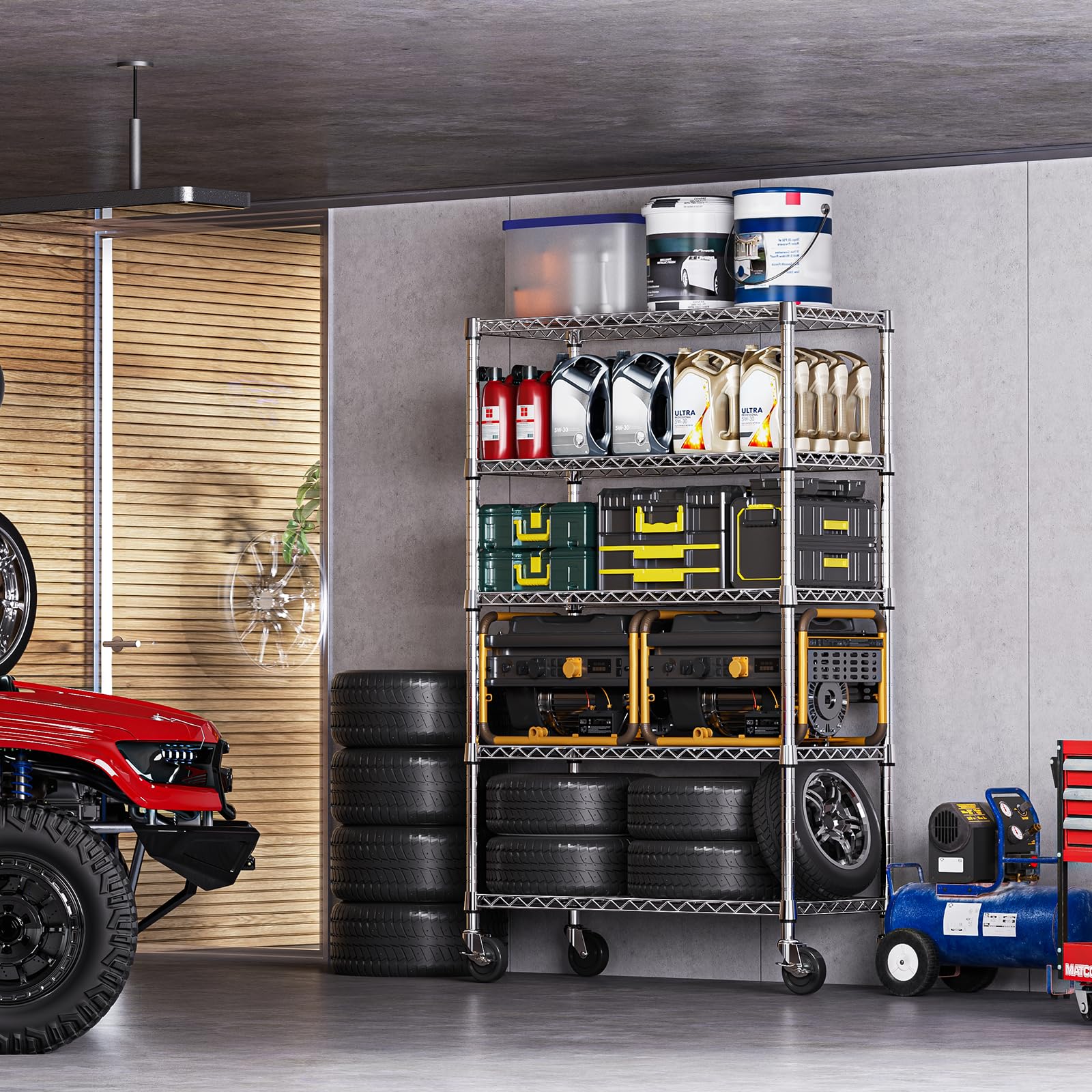 IZEUK 5-Tier Storage Shelving Unit with Wheels, Adjustable Heavy Duty Steel Wire Rack Organizer (Chrome, 17.7" D x 47.2" W x 76.7" H, 1750 lbs Capacity) for Garage, Kitchen, Pantry, Laundry, Basement