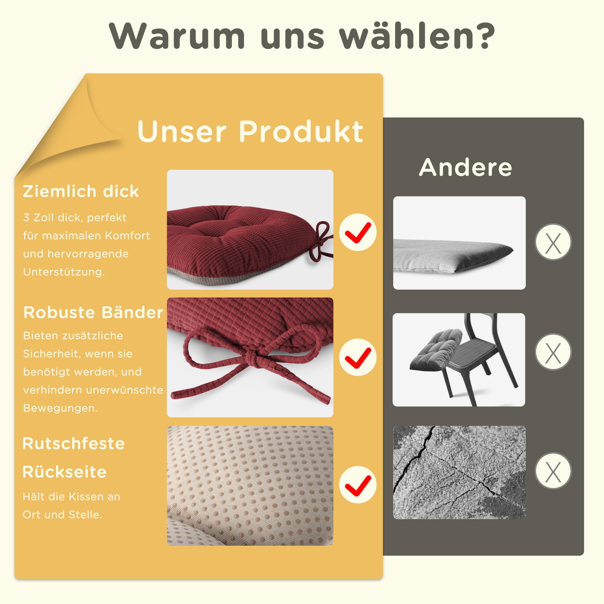 Innenbereich-Sitzkissen für Esszimmer, 4er-Set, rutschfeste Sitzpolster mit Bändern, geftütete Sitzkissen, 43X40X7.5cm/17"X16"X3", Rot