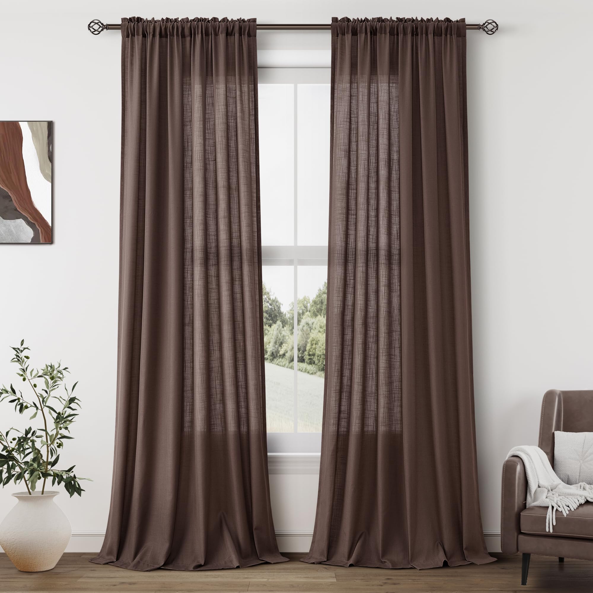 Guken Coffee Linen Curtains 96 Inch Length for Living Room Bedroom 2 Panels Set Rod Pocket Light Filtering Semi Sheer Window Curtains 52 Inch Width