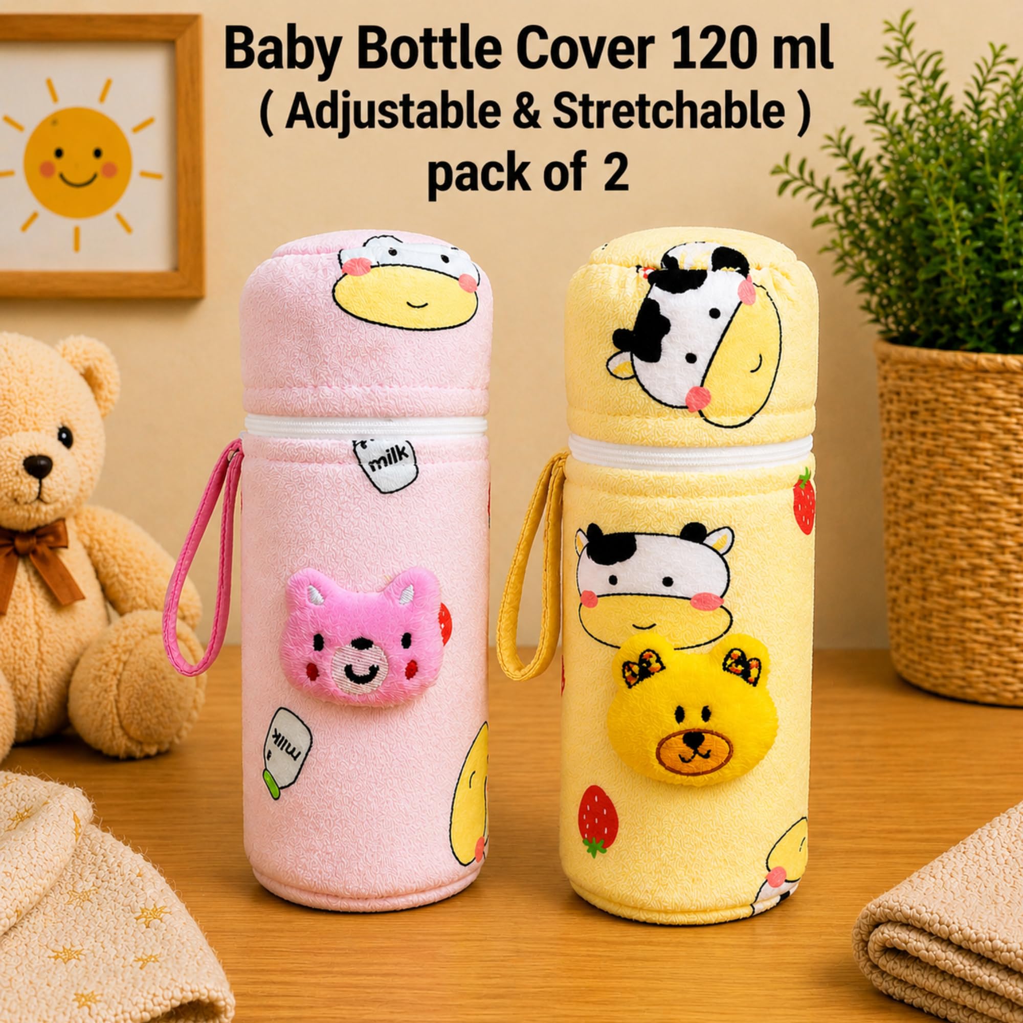 THE LITTLE LOOKERS Soft Plush Stretchable Baby Bottle Cover with Easy to Hold Strap | Cute Animated Overall Print Pack of 2 (Pink & Yellow, Zip Closure 120ml,150ml) 2