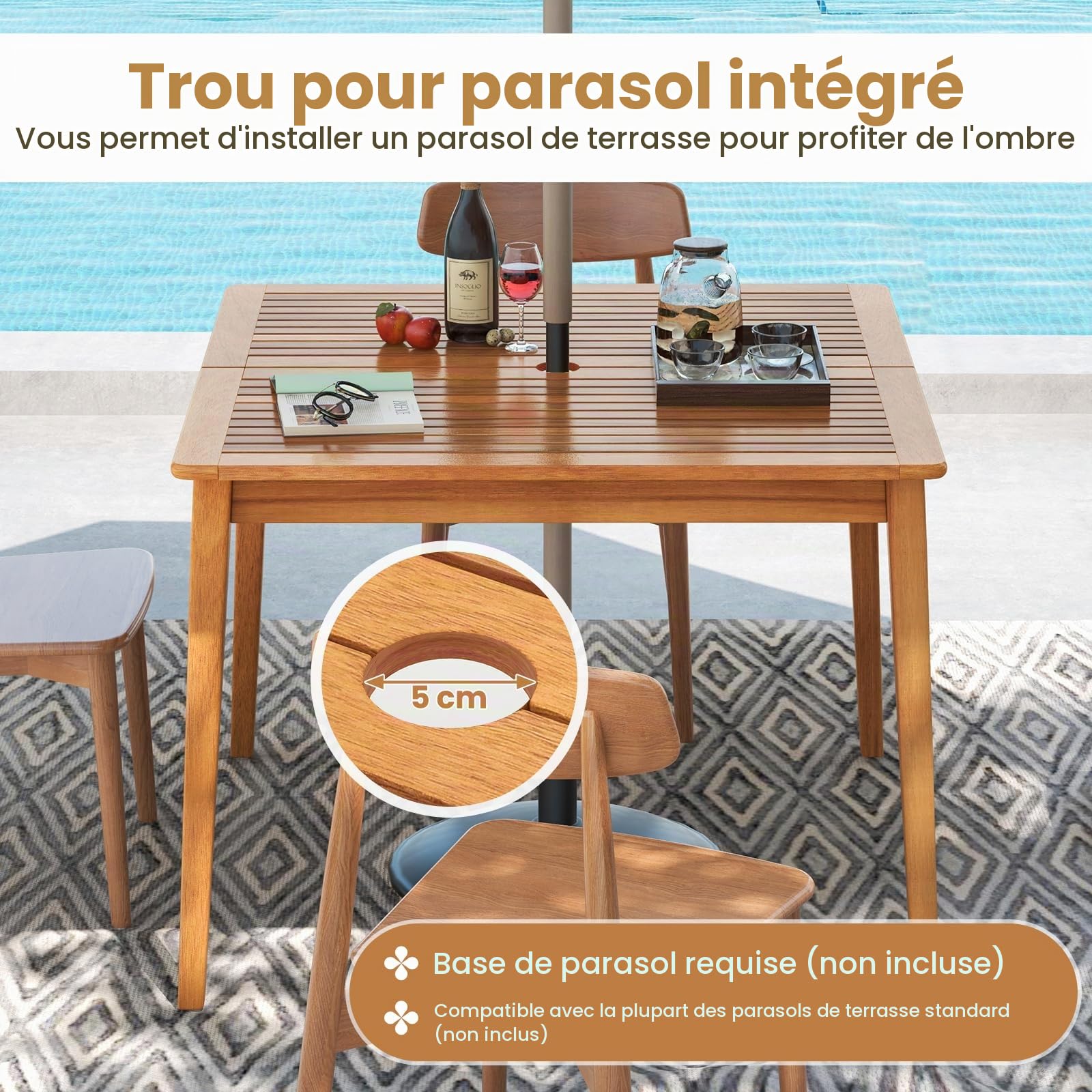 KOMFOTTEU Table de Jardin avec Trou pour Parasol de 5 cm, Table à Manger en Bois d'acacia pour 4/6/8 Personnes, Bureau à Lattes, Extérieur & Intérieur (100 x 100 x 75,5 cm)