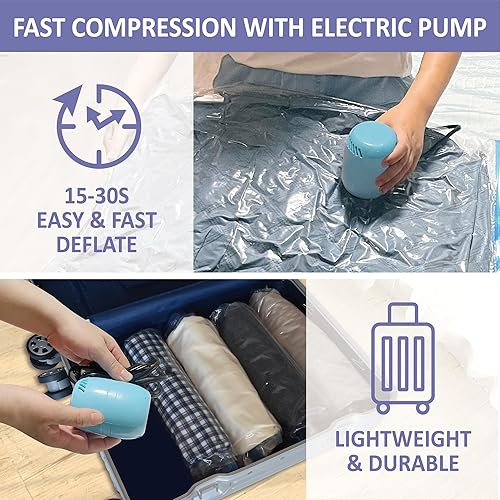 Miniatura 10 de RoomiPro Bolsas de almacenamiento al vacío que ahorran espacio, 8 bolsas de sellado al vacío jumbo con bomba, bolsas selladas al vacío para ropa,