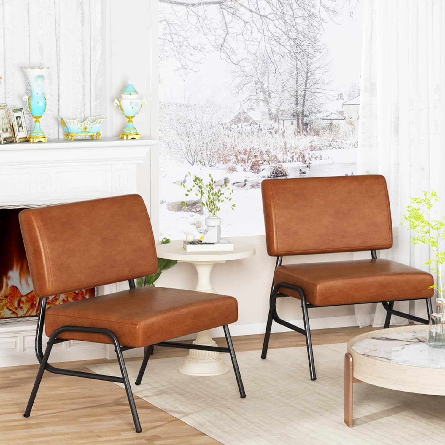 Lamerge Faux Leather Accent Chair Set of 2,Mid Century Modern Armless Accent Chair with Metal Legs & Soft Padded,Living Room Chairs Set of 2,Reading Chair for Bedroom/Office,Brown 2pcs Brown