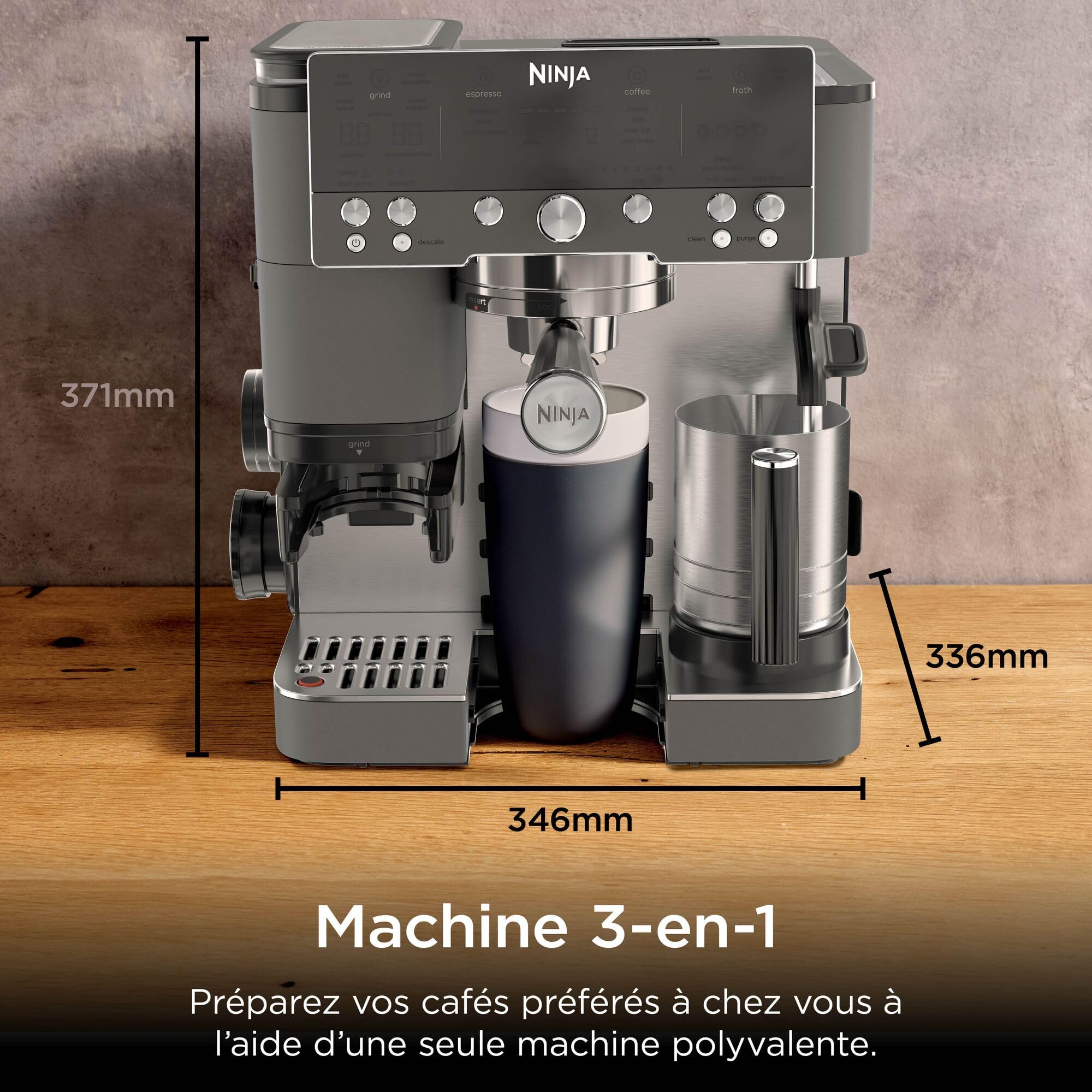 NINJA Luxe Premier, Machine a café a grain barista 3 en 1 ES601EUGM | semi-automatique, 3-en-1: espresso, extraction froide et café filtre, Broyeur et mousseur intégrés, Avec pichet et tasseur