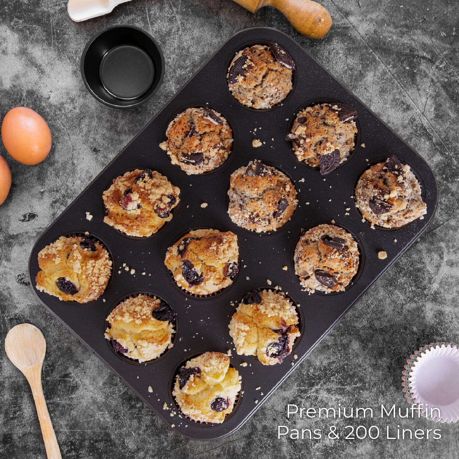 CARTMAN 1 teglia per muffin con 200 pirottini per cupcake, teglia antiaderente per 12 muffin, in acciaio al carbonio, per cuocere muffin, bocconcini di uova, brownies e altro ancora