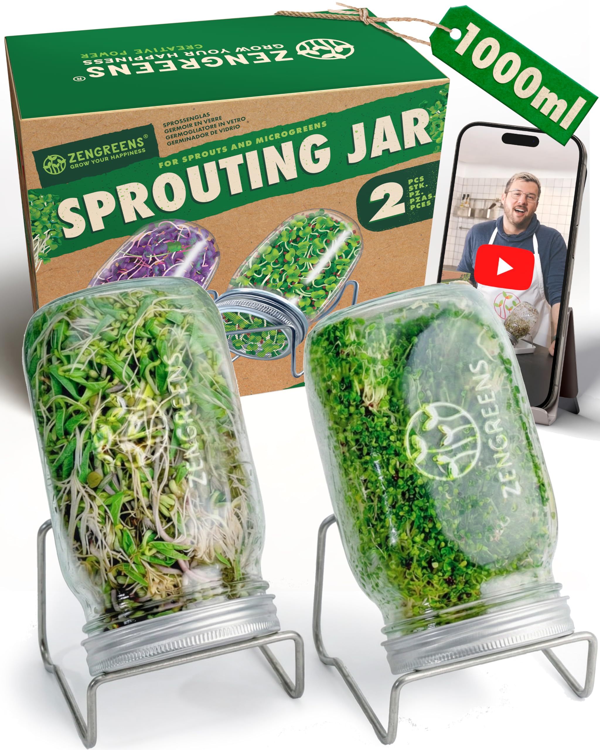 zengreens® Sprossen Anzuchtset – Sprossenglas 1er, 2er oder 3er Set – Enthält Keimglas und Metallgestell – inkl. 10-teiligem Online Videokurs