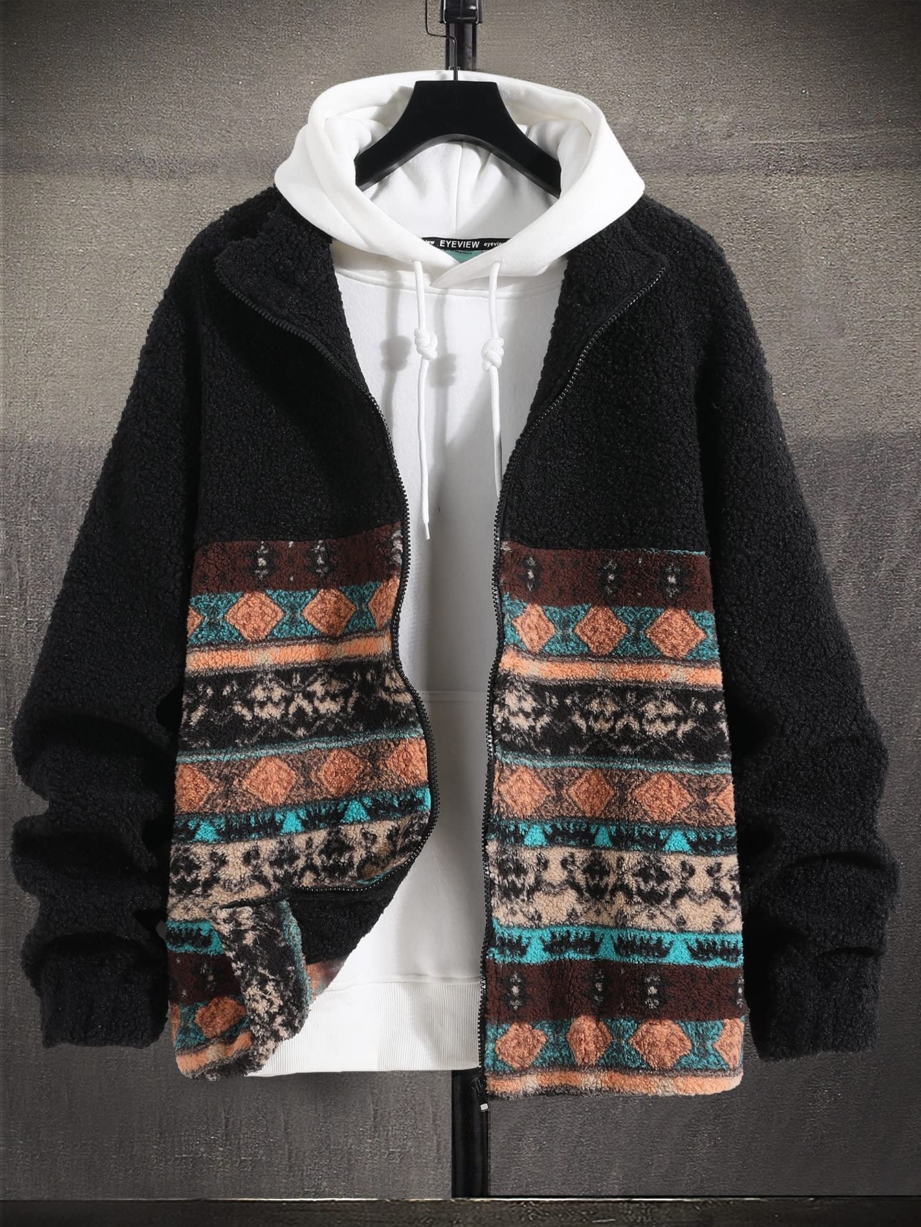 ANYHUG Concealed Carry Jacket For Men Men Geo Pattern Drop Shoulder Hooded Teddy Jacket Without Hoodie (Color : Multicolor, Size : L)