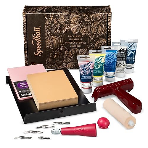 Speedball Deluxe Block Printing Kit - Includes Inks, Brayer, Bench Hook, Lino Handle and Cutters, Speedy-Carve Block, Mounted Linoleum Block (3472) - Deluxe Block Paper Kit