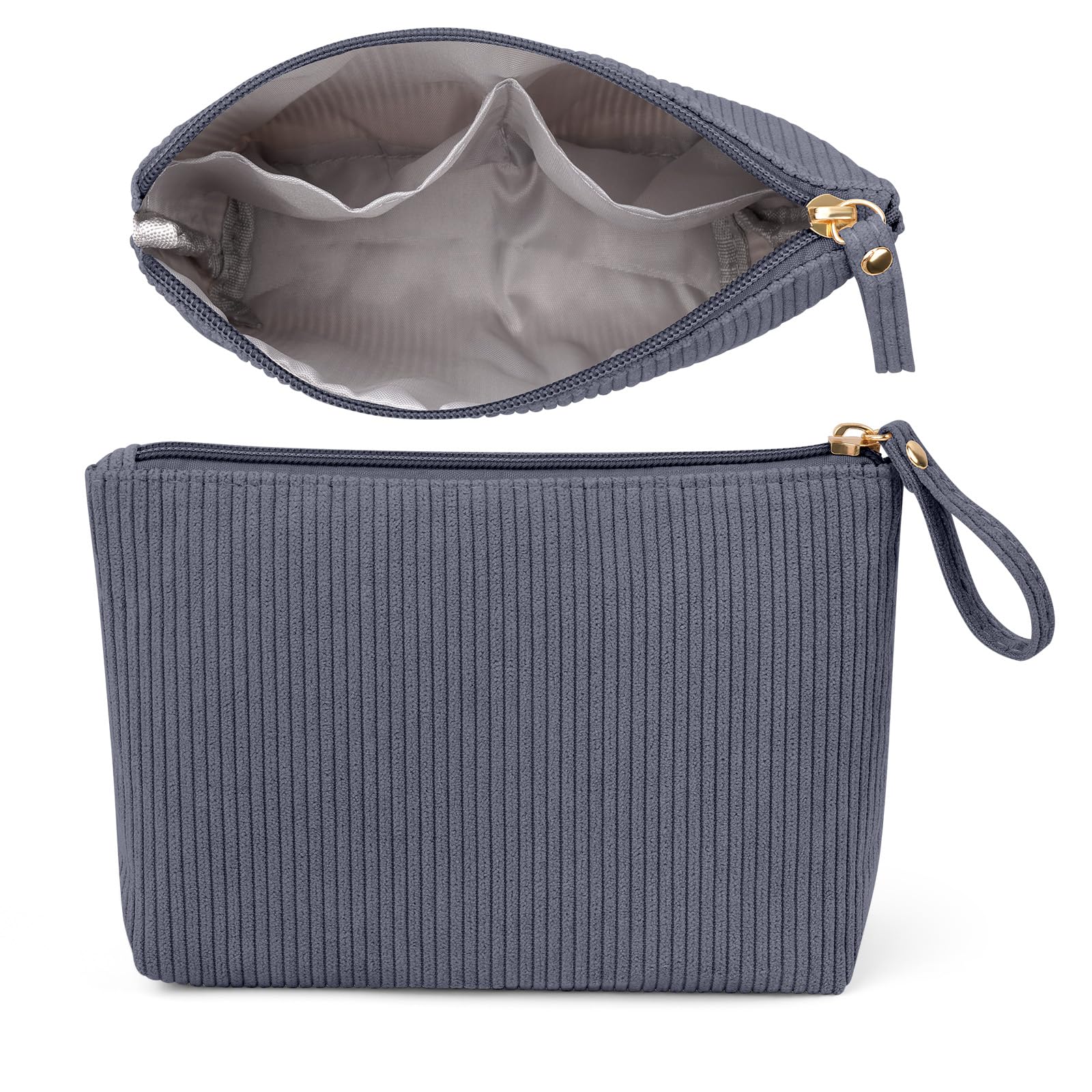 MAGEFY Kosmetiktasche Kleine Cord Make Up Tasche für Handtasche Reise Schminktasche Damen mit Fächern&Griff-Reißverschluss Tragbar Make-up Bag für Frauen(Grau)