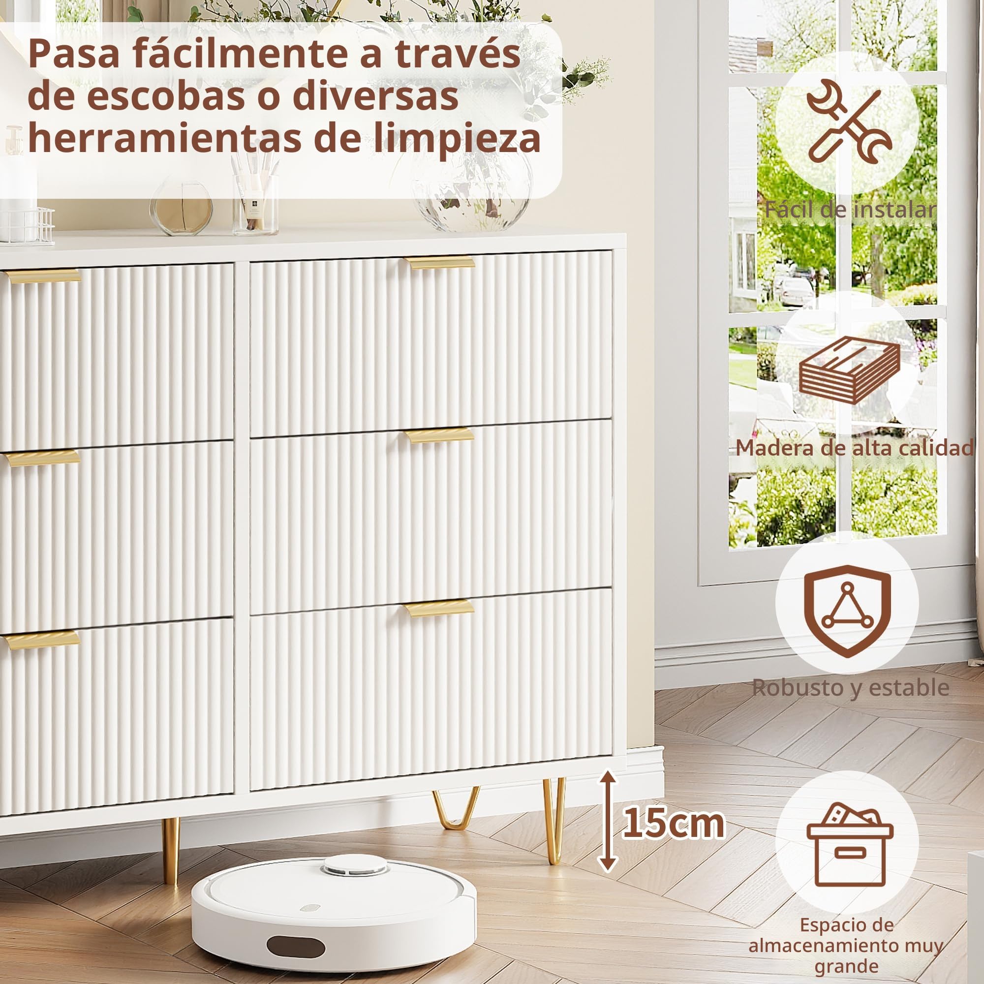 Mueble para dormitorio, adulto, 6 cajones, 6 cajones, color blanco, 100 × 34 × 73 cm, cómoda blanca habitaciónComodas habitación adulta, cómoda con 6 cajones, color blanco, cómoda sala de
