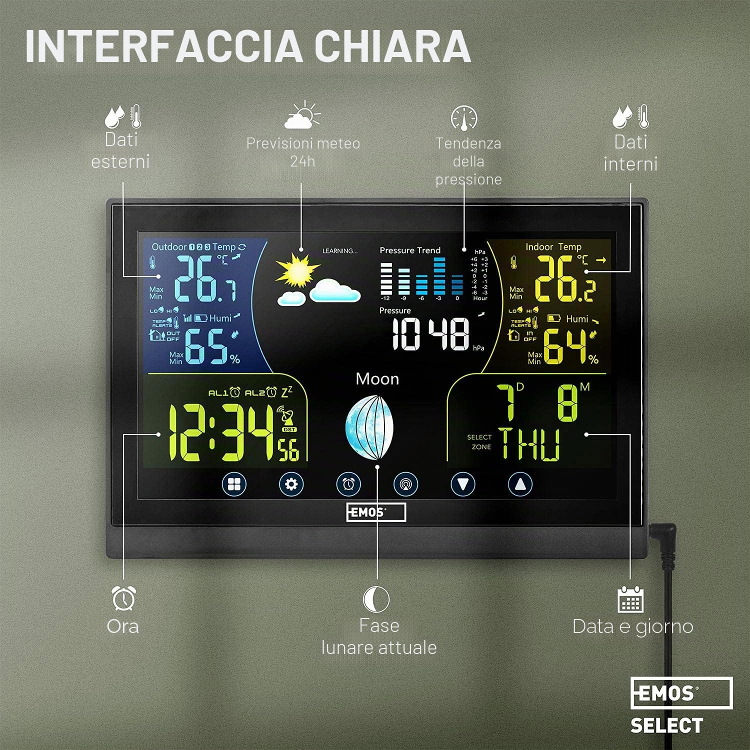 Emos Select Stazione Meteo Wireless con Display a Colori Touchscreen, Sensore Esterno, Segnale Radio, Orologio Radio – Temperature Interna ed Esterna, Barometro, Previsioni Meteo