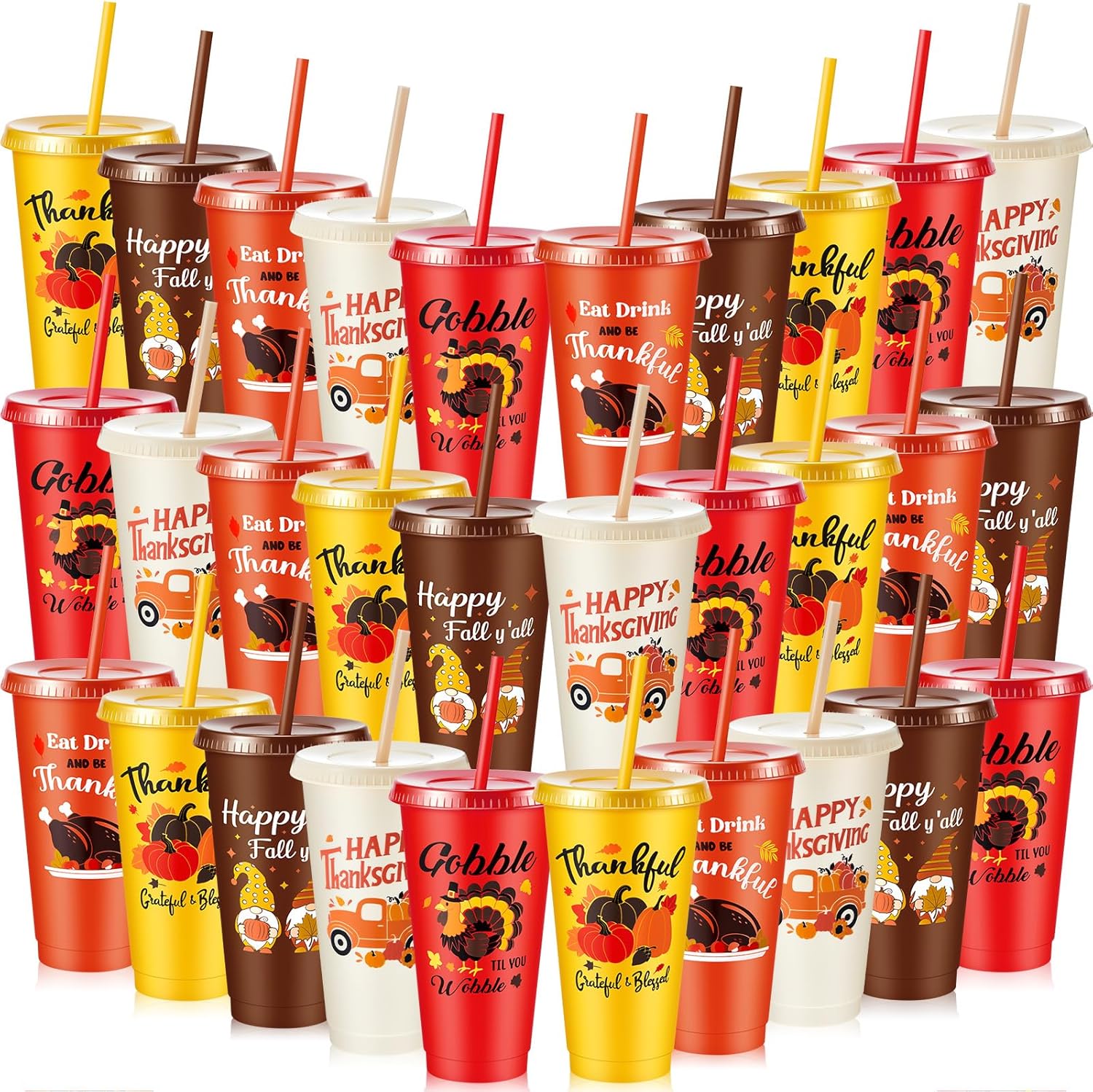 Chuangdi 30 Pcs Thanksgiving Plastic Tumbler with Lid and