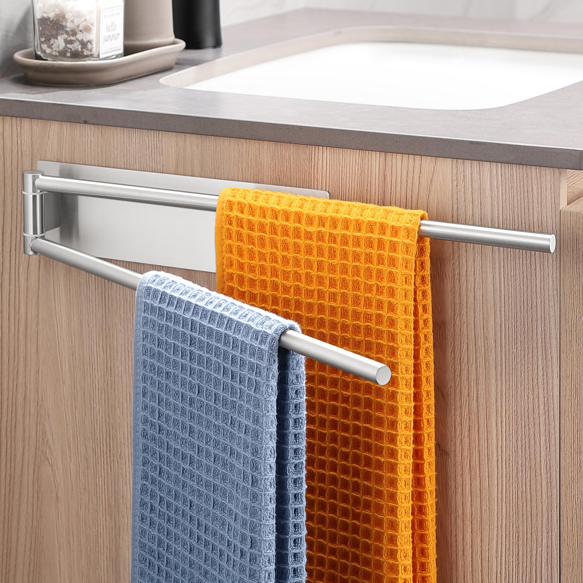 Dvocel 2 Arm Drill-Free Towel Bar, SUS304 Stainless Steel 180° Swivel Towel Bar, Self Adhesive Towel Holder for Bathroom and Kitchen, Brushed Silver