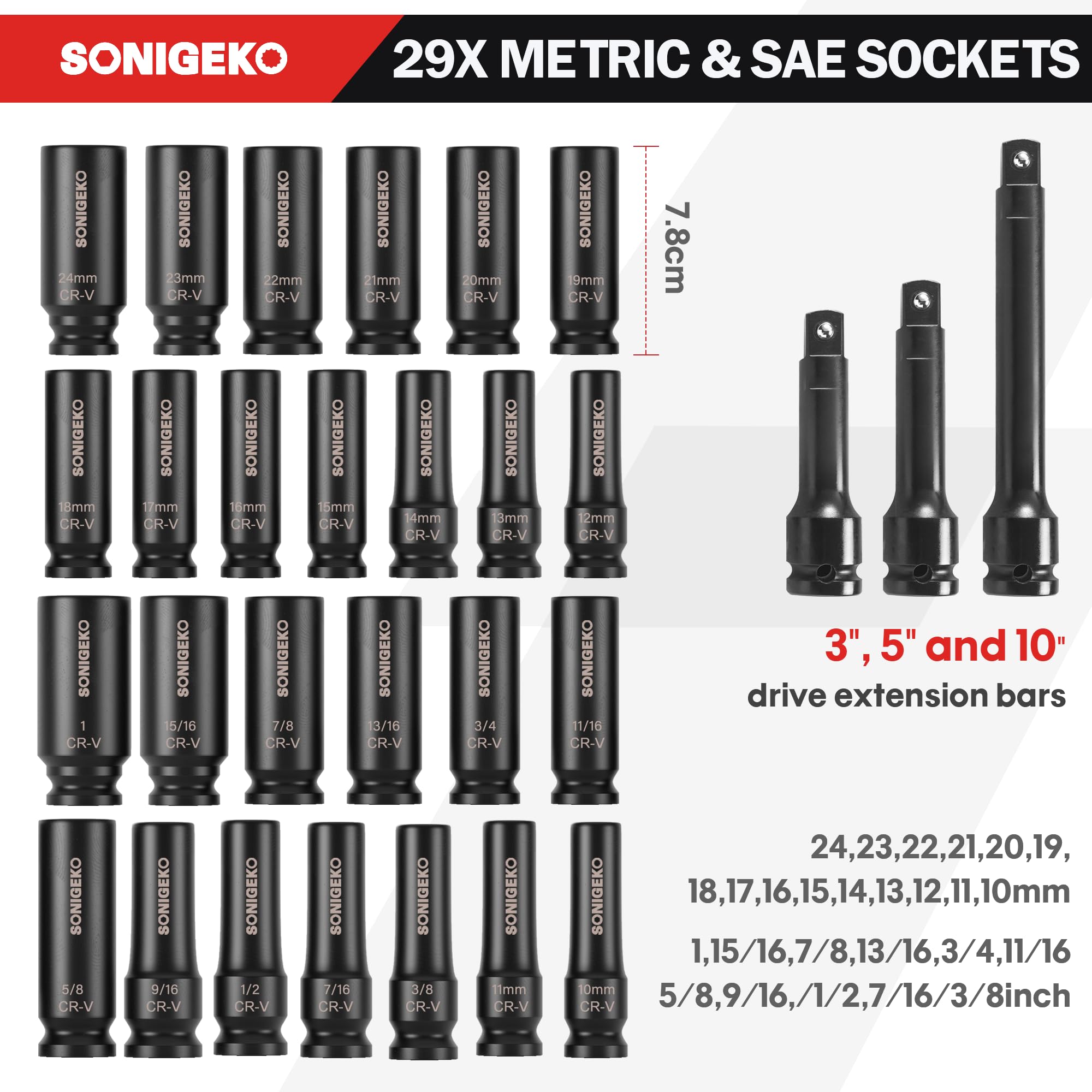 Zestaw nasadek udarowych 1/5.1 cm, 29-częściowy 6-punktowy zestaw nasadek głębokich standardowych SAE i metrycznych stalowych gniazd CR-V z przedłużeniem 7.6 cm, 12.7 cm, 25.4 cm