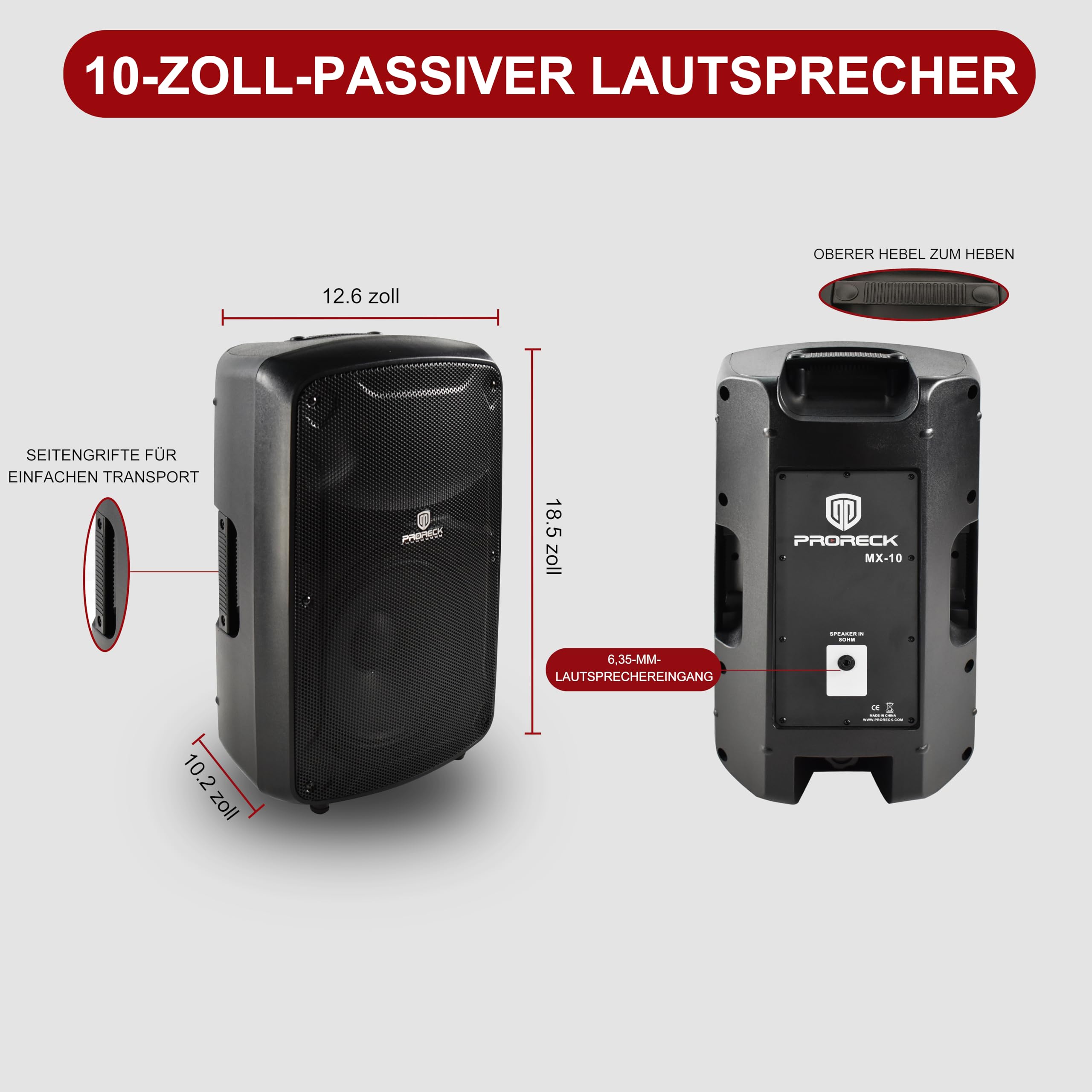 PRORECK MX10 1600W 6-Kanal Aktiv-Mischpult mit Bluetooth & 10 Zoll (25,4 cm) passiven Lautsprechern – PA-System inkl. Ständer und Mikrofon