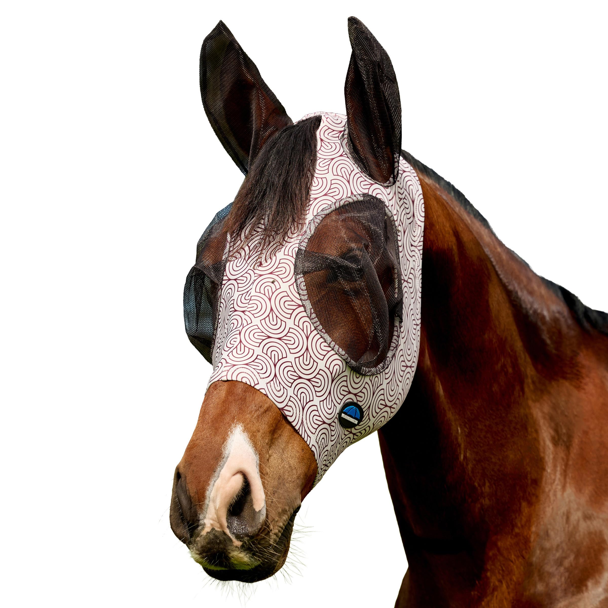 WeatherBeeta ComFiTec Deluxe Stretch Fly Mask with Ears, White/Burgundy Bit Print, Xxsmall
