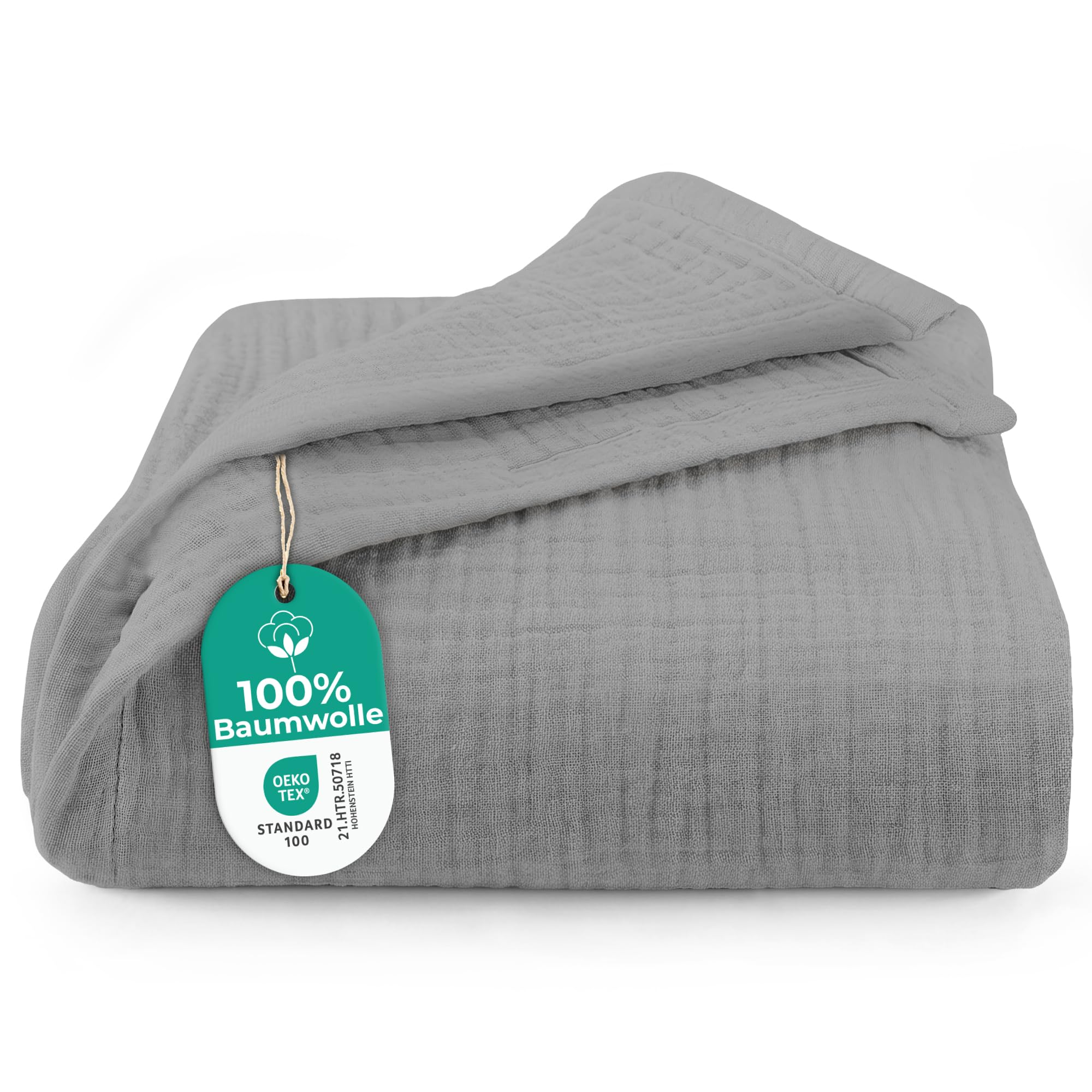 Dreamzie Musselin Tagesdecke 220x240 cm – Baumwolldecke Oeko-Tex Zertifiziert – Atmungsaktive Kuscheldecke – leichte Kuscheldecke Baumwolle als Sofa-, Bett- & Couchüberwurf – Hellgrau